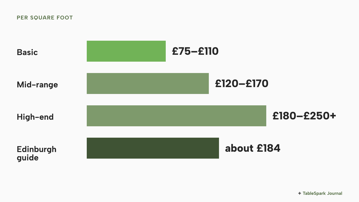 Horizontal bars of fit-out cost per square foot, bar length set by the top of each range: basic £75 to £110, mid-range £120 to £170, high-end £180 to £250 or more, and the Edinburgh guide at about £184.