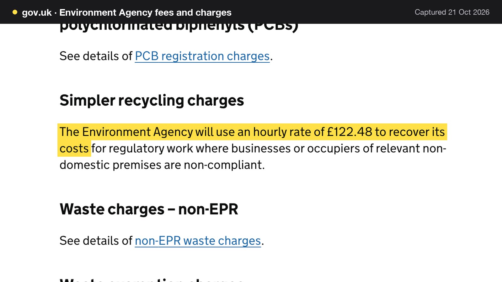 Screenshot of Environment Agency fees and charges on gov.uk, with the words "The Environment Agency will use an hourly rate of £122.48 to recover its costs" highlighted.