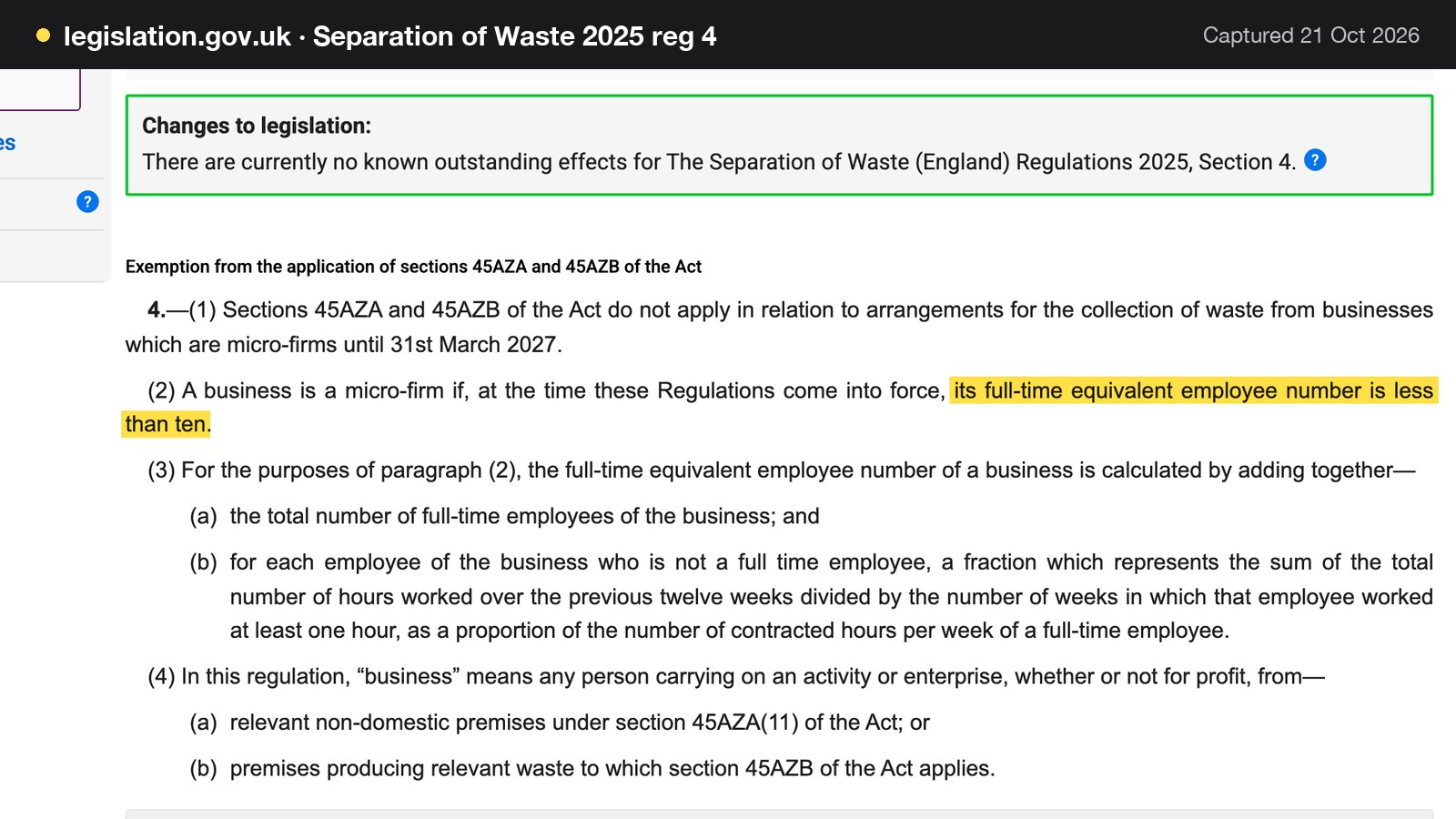 Screenshot of Separation of Waste 2025 reg 4 on legislation.gov.uk, with the words "its full-time equivalent employee number is less than ten" highlighted.