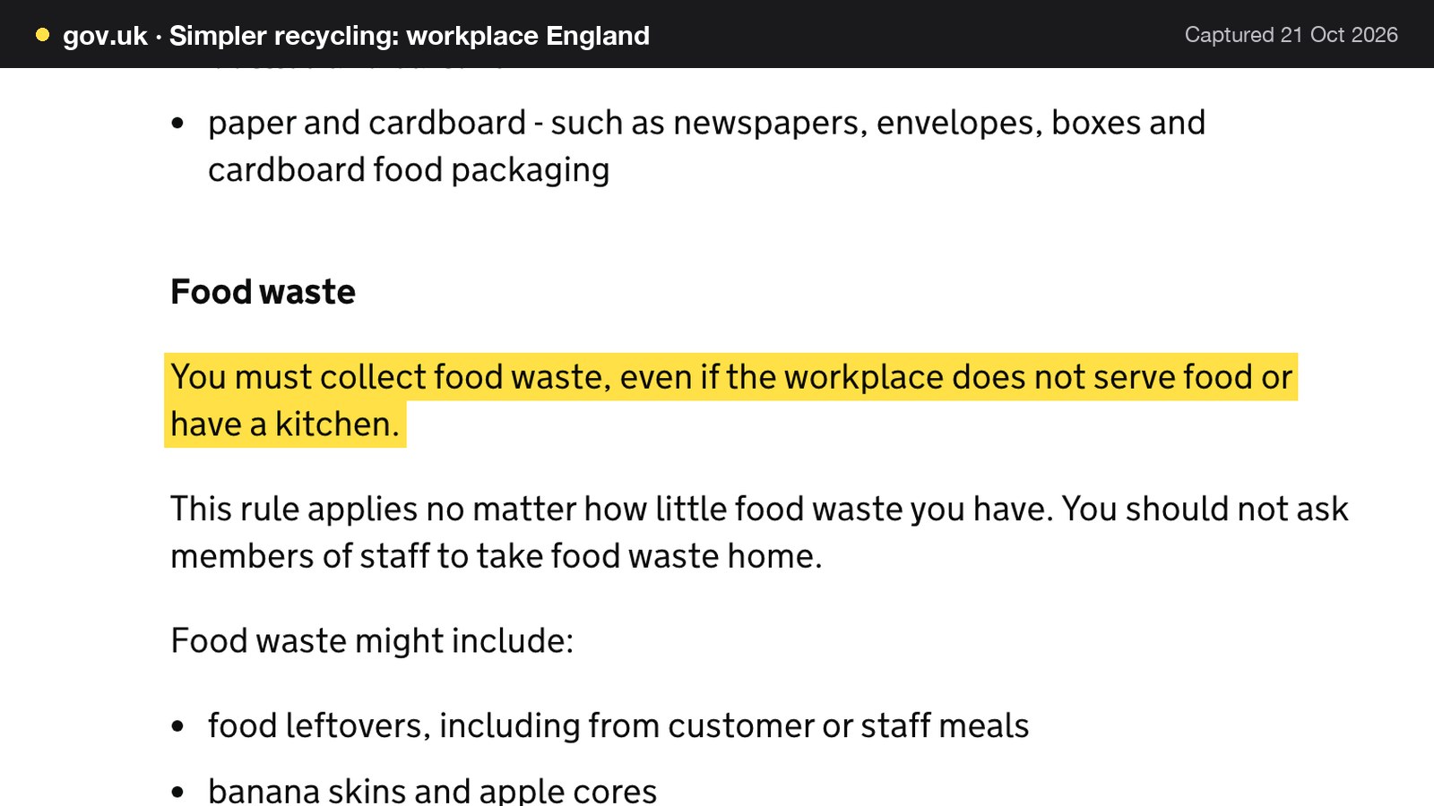 Screenshot of Simpler recycling: workplace England on gov.uk, with the words "You must collect food waste, even if the workplace does not serve food or have a kitchen." highlighted.