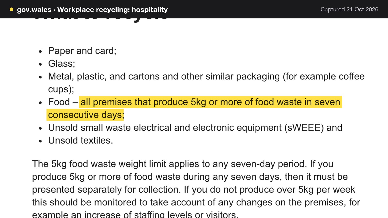 Screenshot of Workplace recycling: hospitality on gov.wales, with the words "all premises that produce 5kg or more of food waste in seven consecutive days" highlighted.