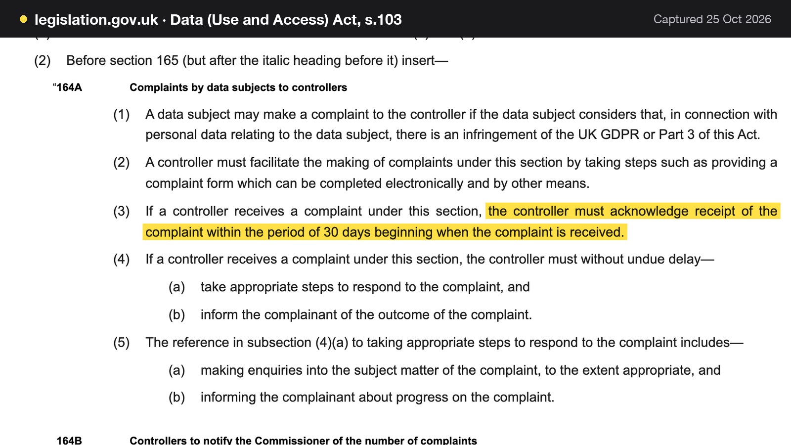 Screenshot of Data (Use and Access) Act, s.103 on legislation.gov.uk, with the words "the controller must acknowledge receipt of the complaint within the period of 30 days beginning when the complaint is received." highlighted.