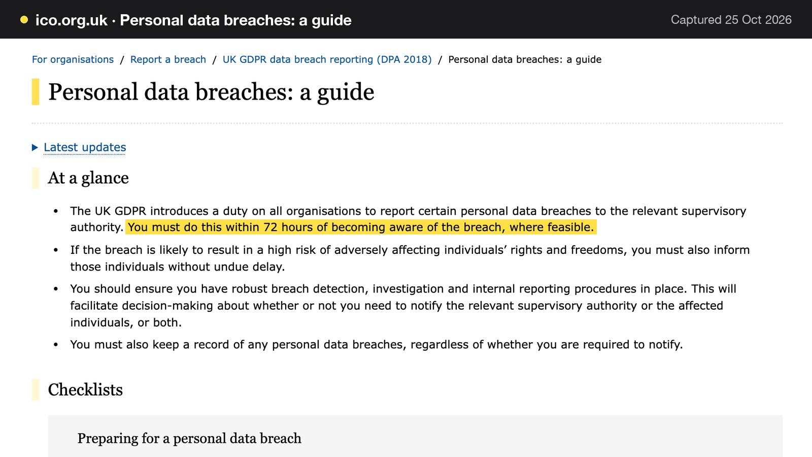 Screenshot of Personal data breaches: a guide on ico.org.uk, with the words "You must do this within 72 hours of becoming aware of the breach, where feasible." highlighted.