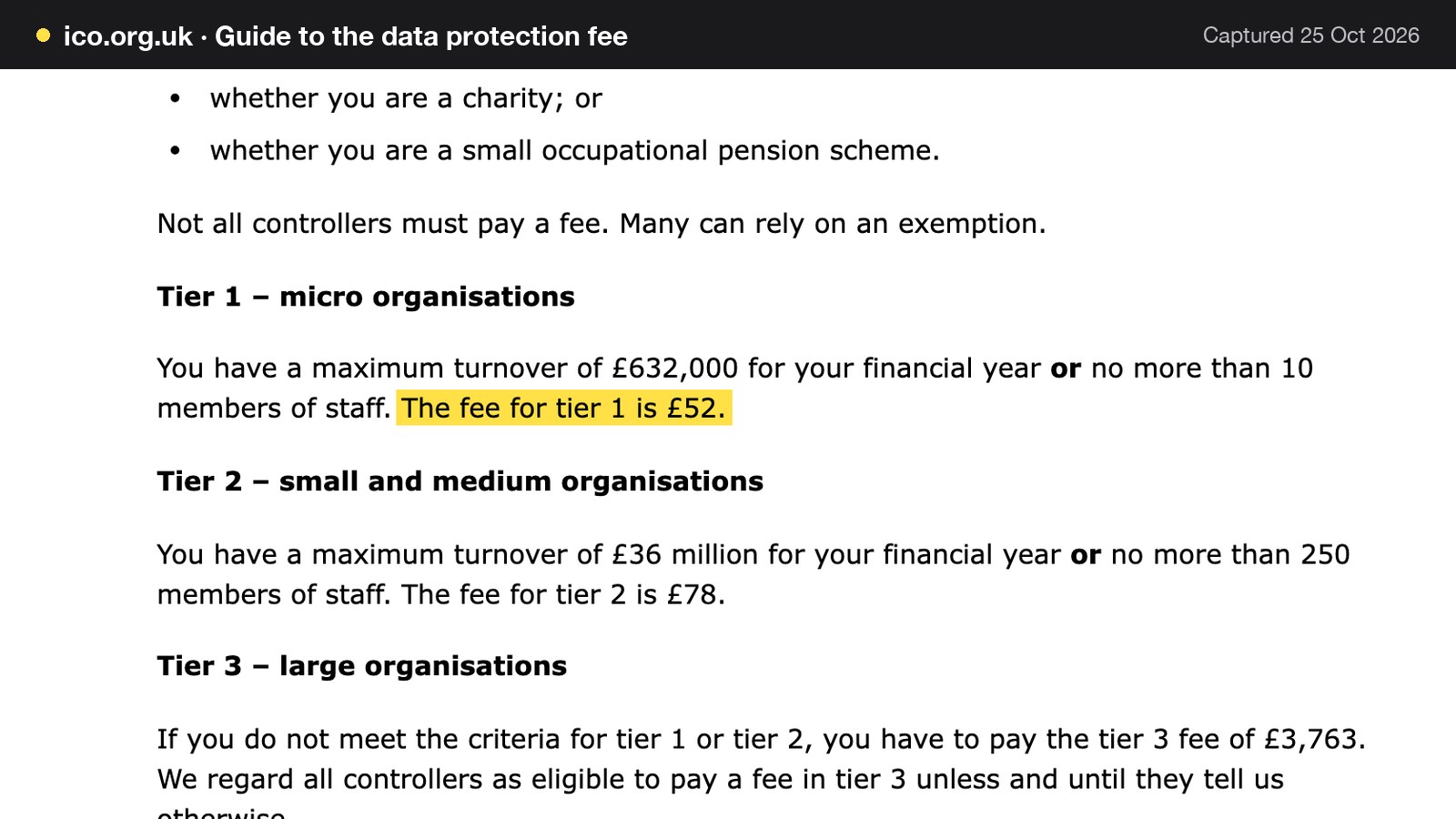 Screenshot of Guide to the data protection fee on ico.org.uk, with the words "The fee for tier 1 is £52." highlighted.