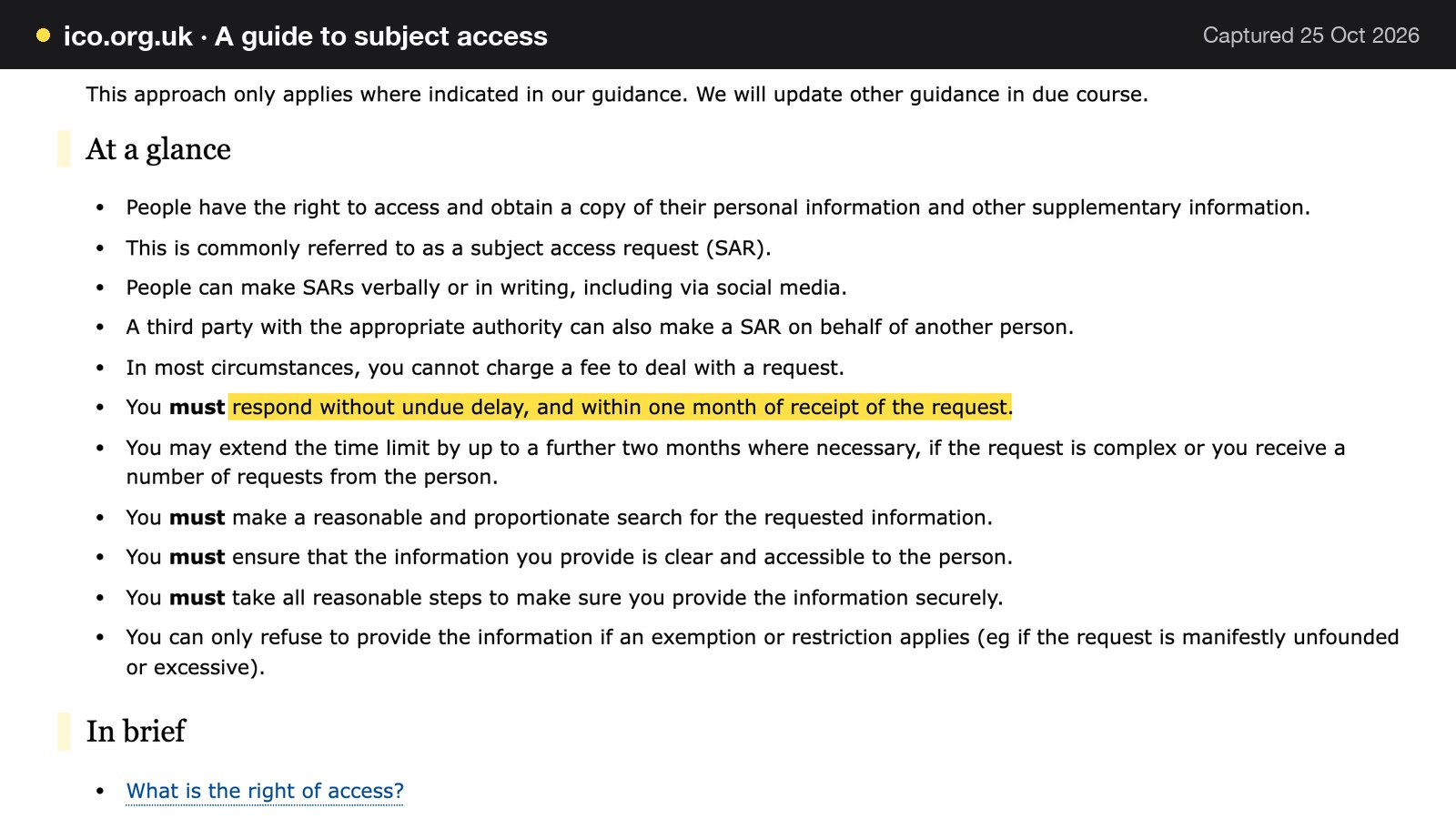Screenshot of A guide to subject access on ico.org.uk, with the words "respond without undue delay, and within one month of receipt of the request" highlighted.