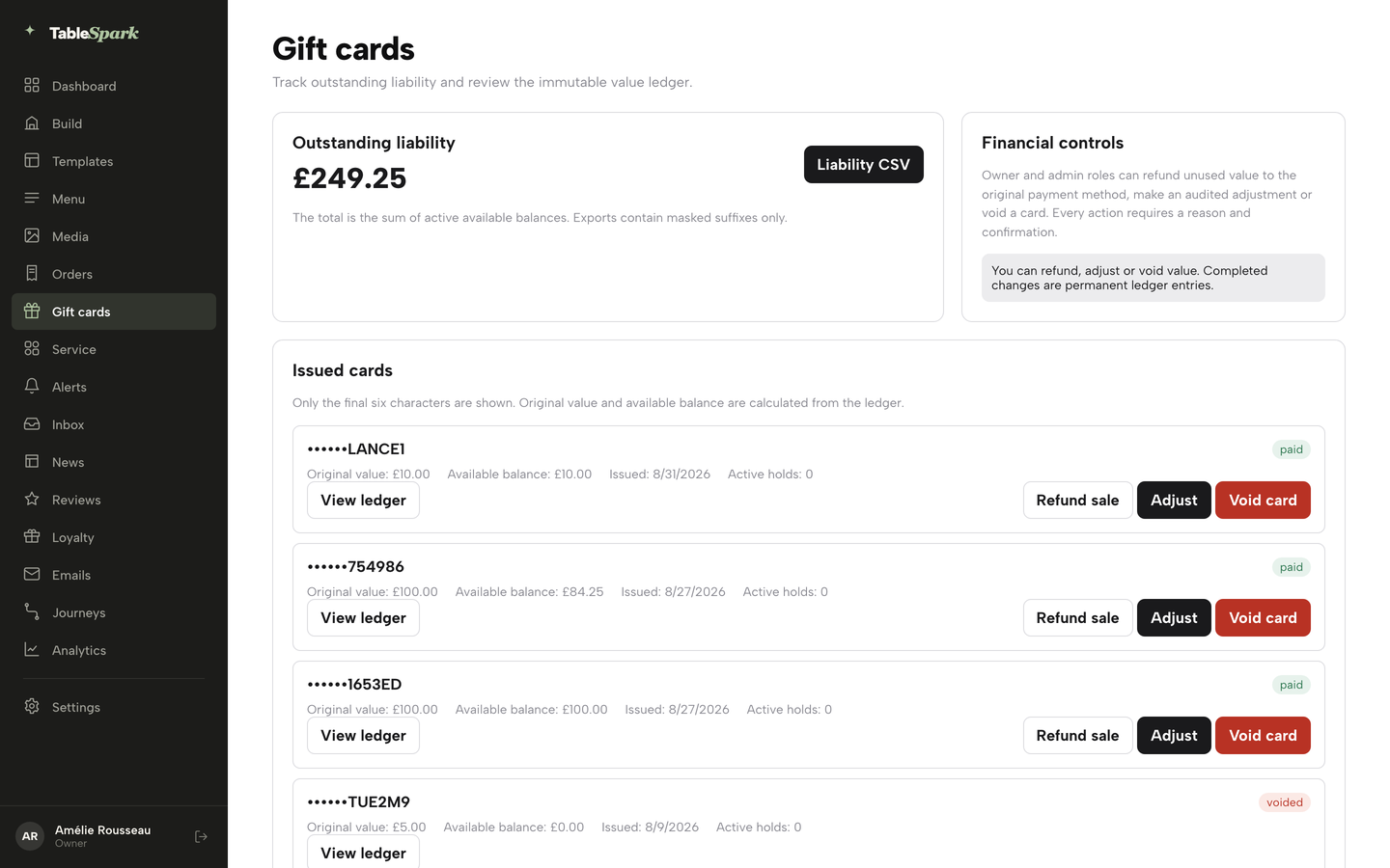 The Gift cards page: outstanding liability, the financial-controls note, and the Liability CSV export