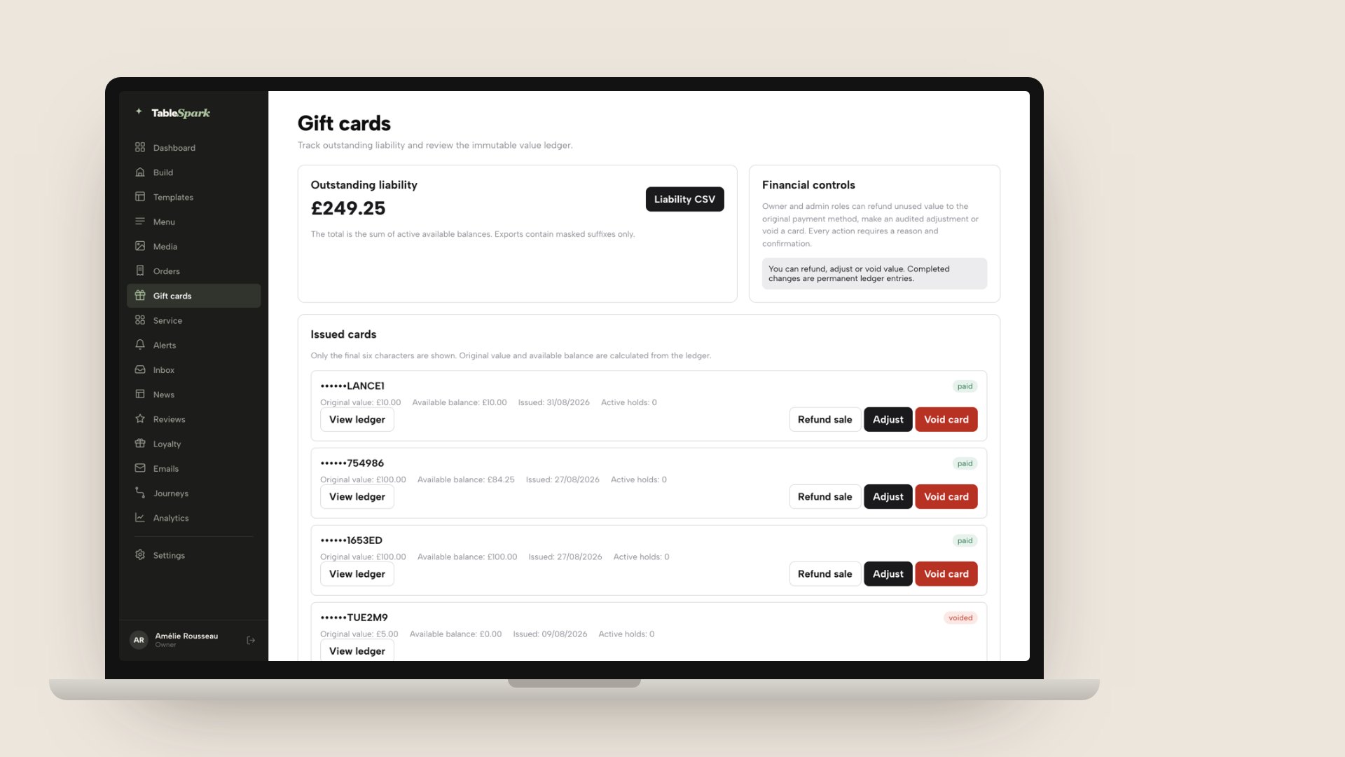 A laptop showing the TableSpark Gift cards page: outstanding liability of £249.25 with a Liability CSV button, a Financial controls note, and issued cards with Refund sale, Adjust and Void card actions.