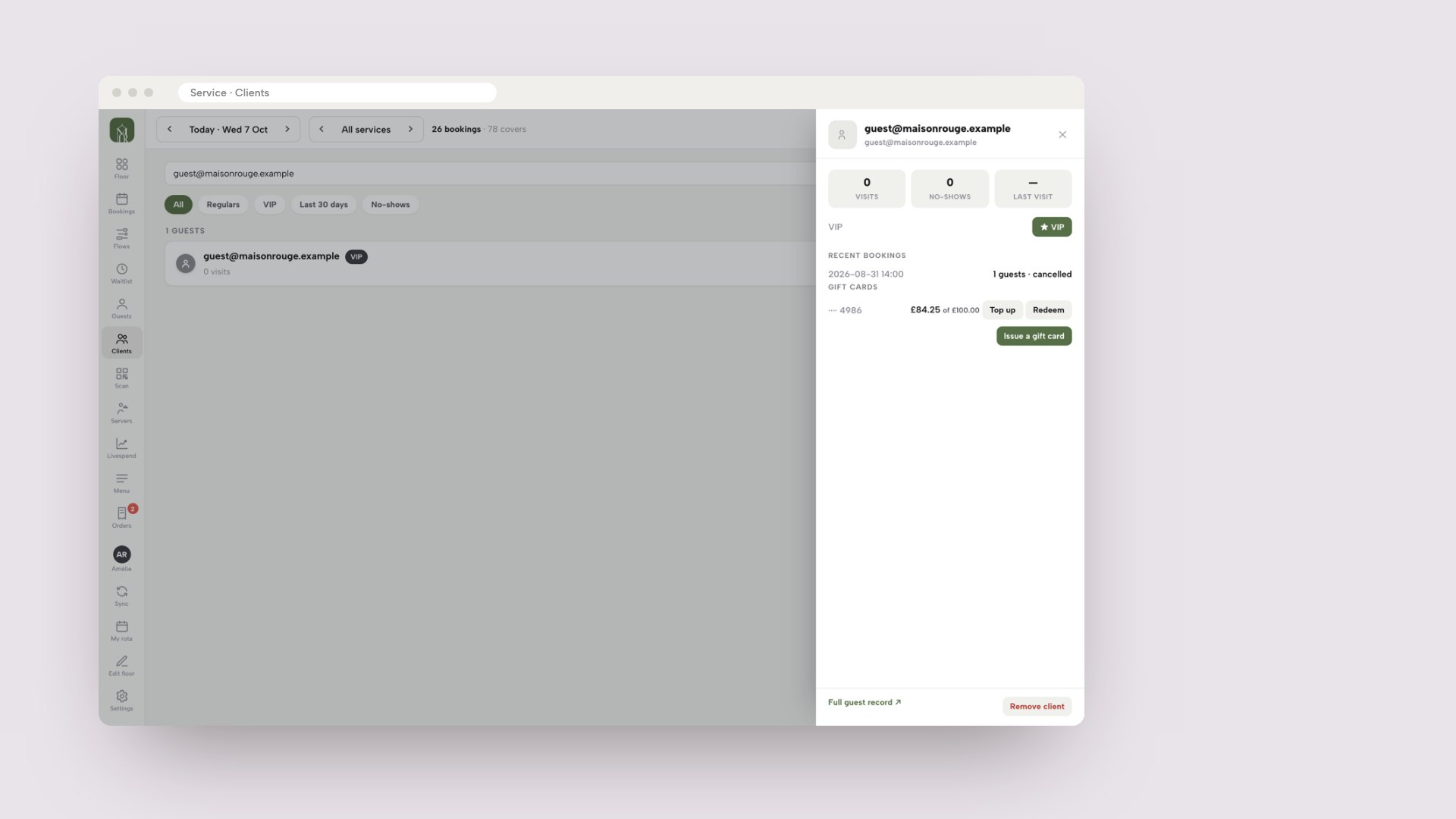A browser window showing a guest sheet in the TableSpark Service screen with a gift card balance and Top up and Redeem buttons, and an Issue a gift card button.