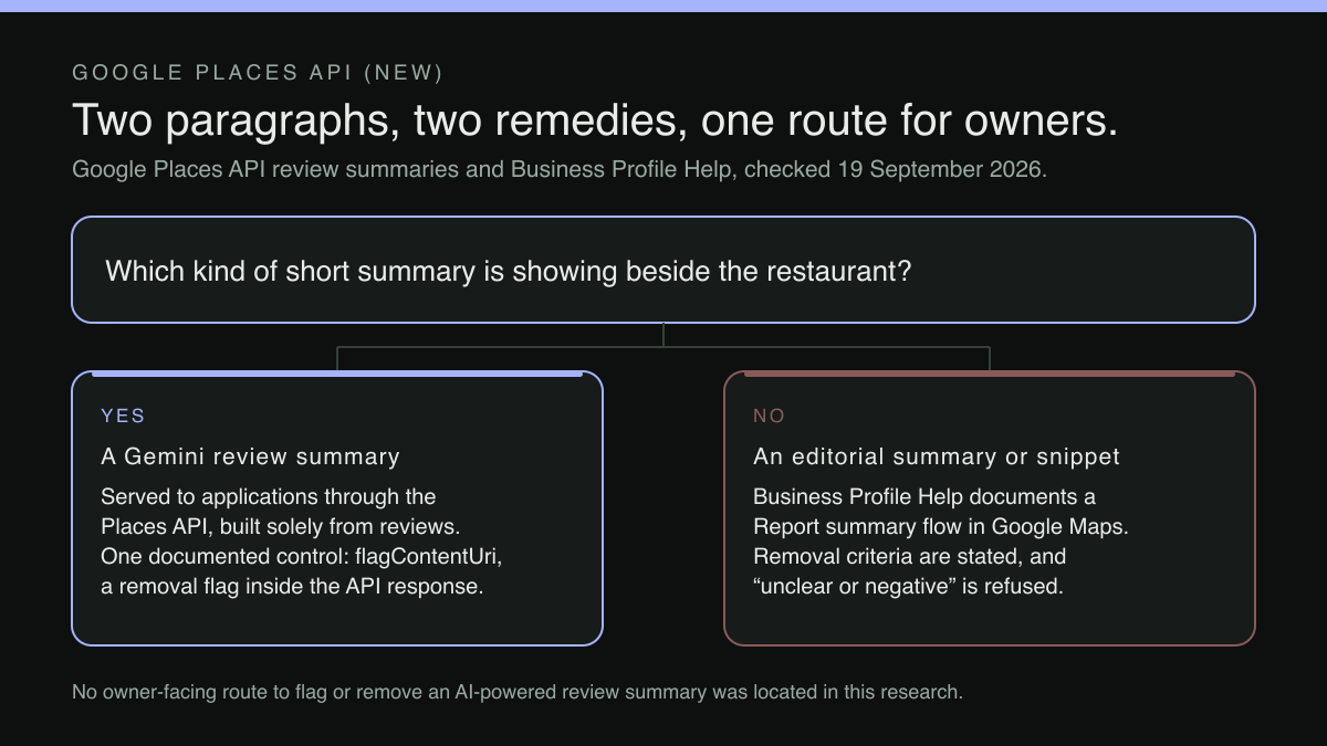A branching diagram. The question at the top asks which kind of short summary is showing beside the restaurant. The first branch, a Gemini review summary, is served to applications through the Places API and built solely from user reviews; its one documented control is flagContentUri, a removal flag inside the API response. The second branch, an editorial summary or review snippet, has a Report summary flow documented in Business Profile Help for use in Google Maps, with stated removal criteria under which unclear or negative is refused.