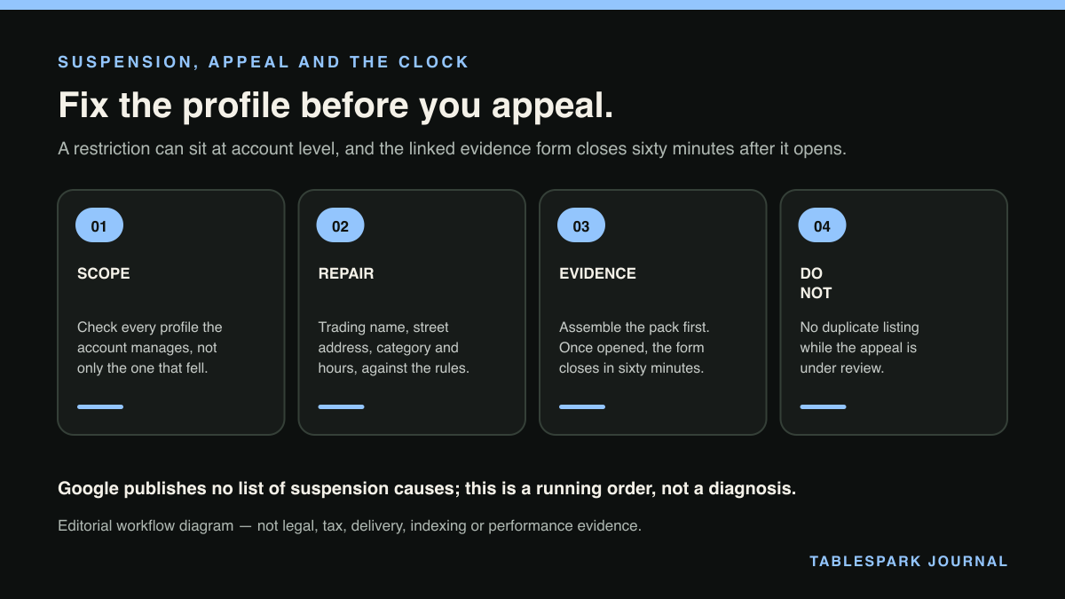 Four-part diagram: Google Business Profile suspended: the appeal path for a UK restaurant, and the sixty-minute form