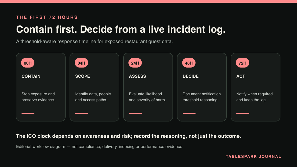 Threshold-aware first-72-hours restaurant guest-data incident timeline from containment to the recorded notification decision.