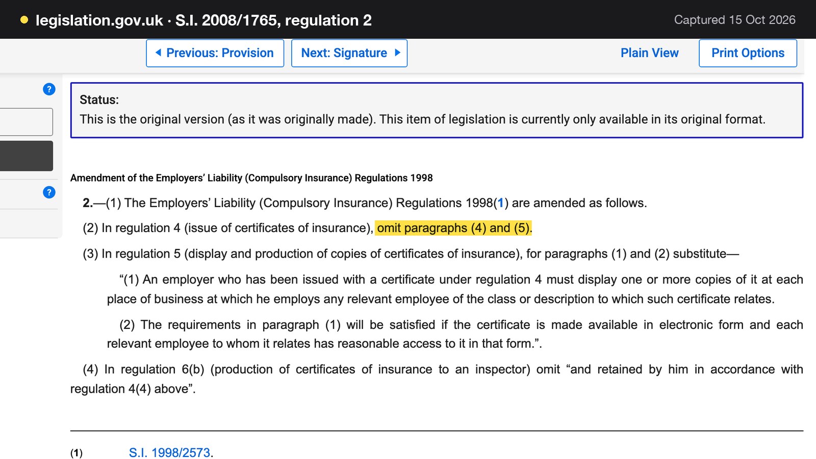 Screenshot of S.I. 2008/1765, regulation 2 on legislation.gov.uk, with the words "omit paragraphs (4) and (5)" highlighted.