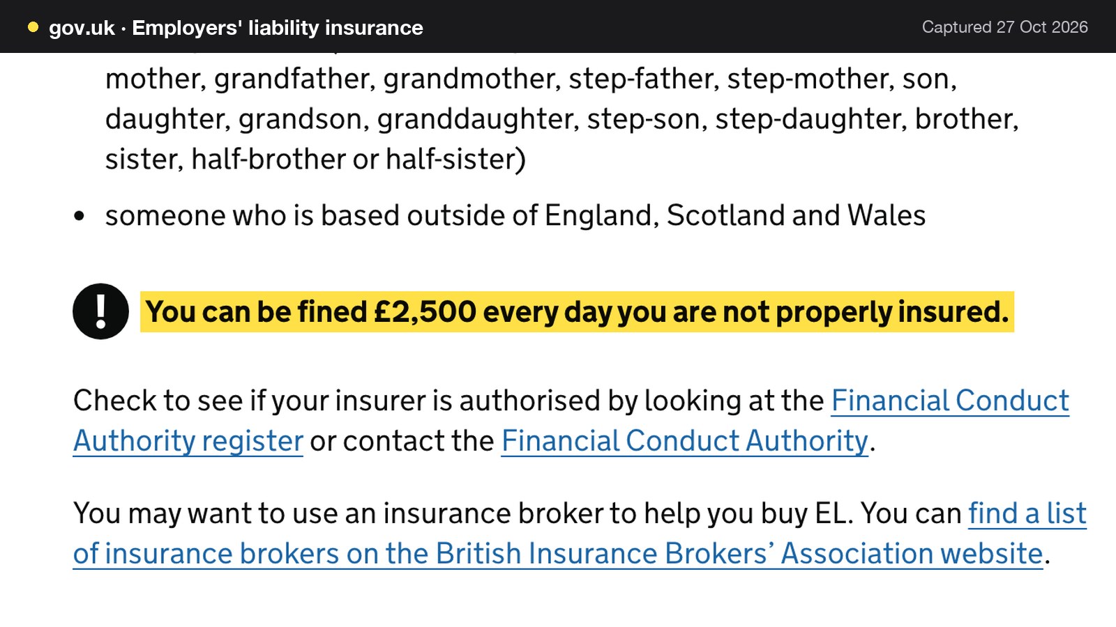 Screenshot of Employers' liability insurance on gov.uk, with the words "You can be fined £2,500 every day you are not properly insured." highlighted.
