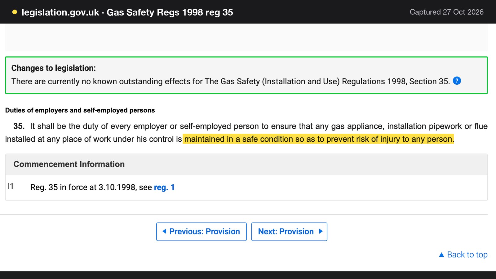Screenshot of Gas Safety Regs 1998 reg 35 on legislation.gov.uk, with the words "maintained in a safe condition so as to prevent risk of injury to any person" highlighted.