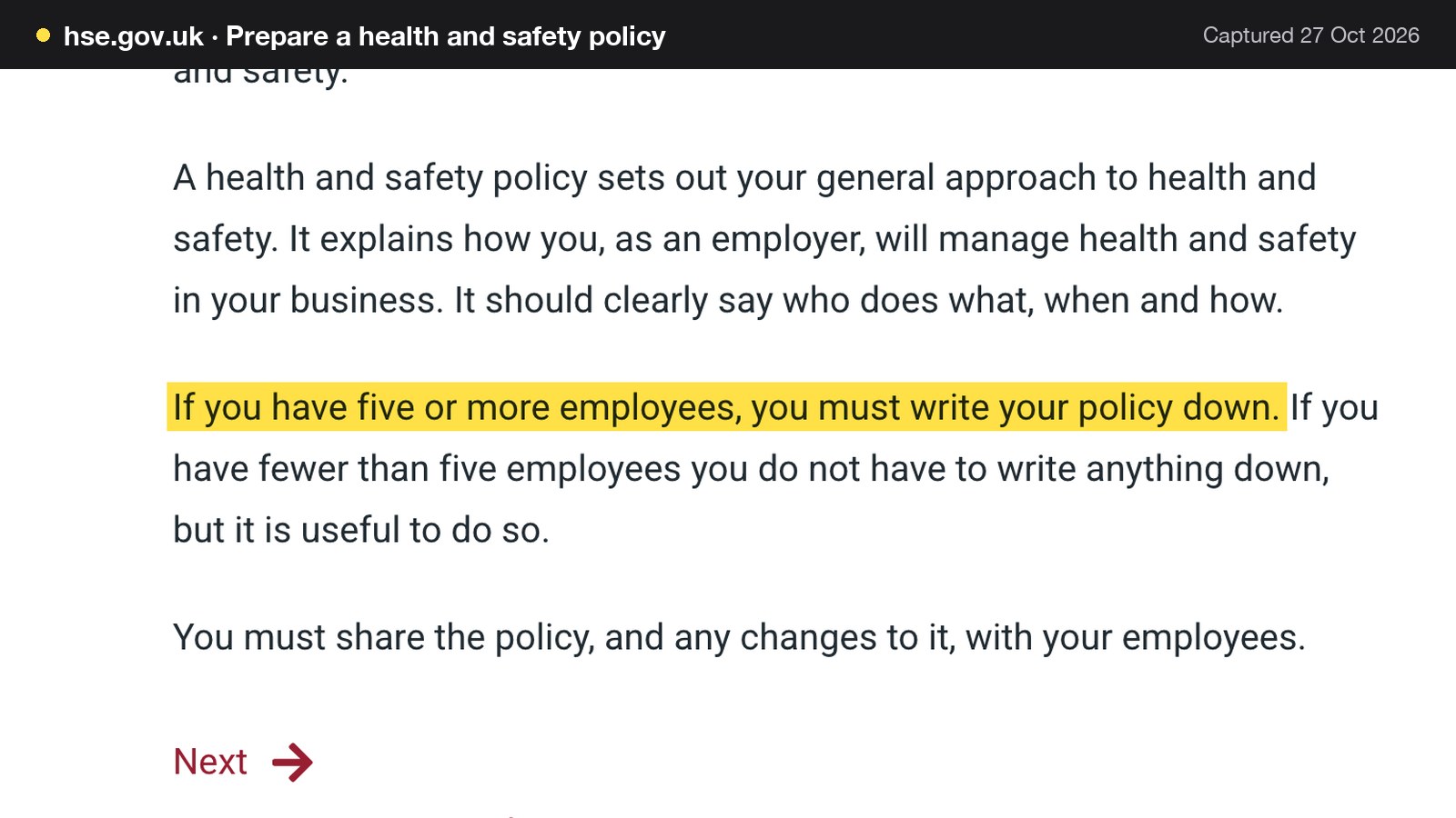 Screenshot of Prepare a health and safety policy on hse.gov.uk, with the words "If you have five or more employees, you must write your policy down." highlighted.