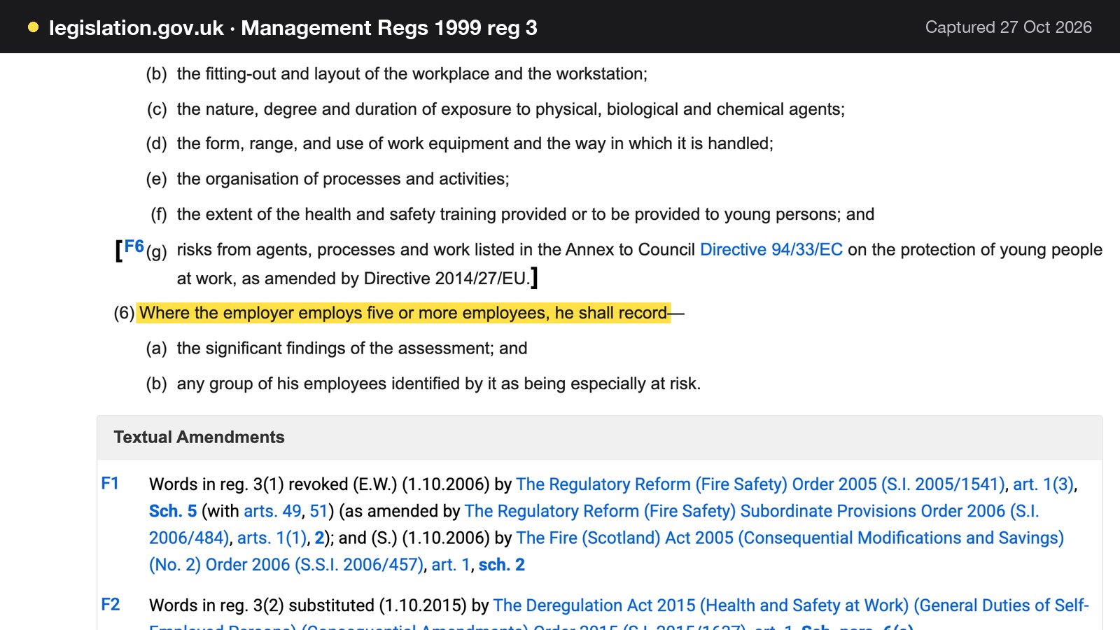 Screenshot of Management Regs 1999 reg 3 on legislation.gov.uk, with the words "Where the employer employs five or more employees, he shall record" highlighted.