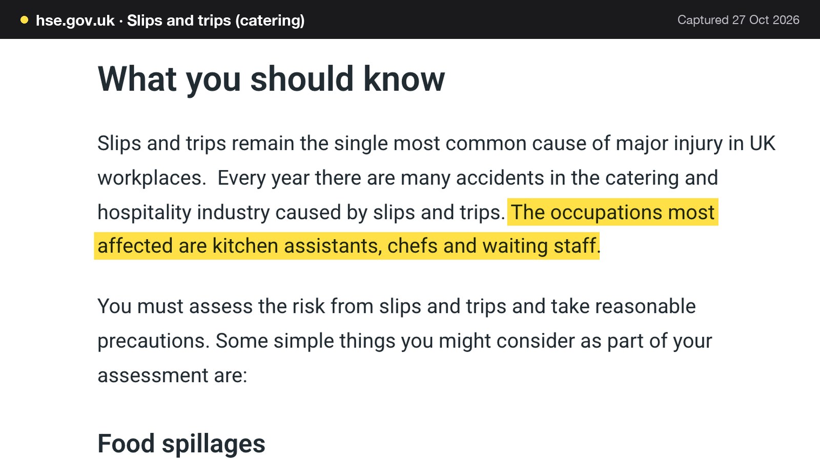 Screenshot of Slips and trips (catering) on hse.gov.uk, with the words "The occupations most affected are kitchen assistants, chefs and waiting staff" highlighted.