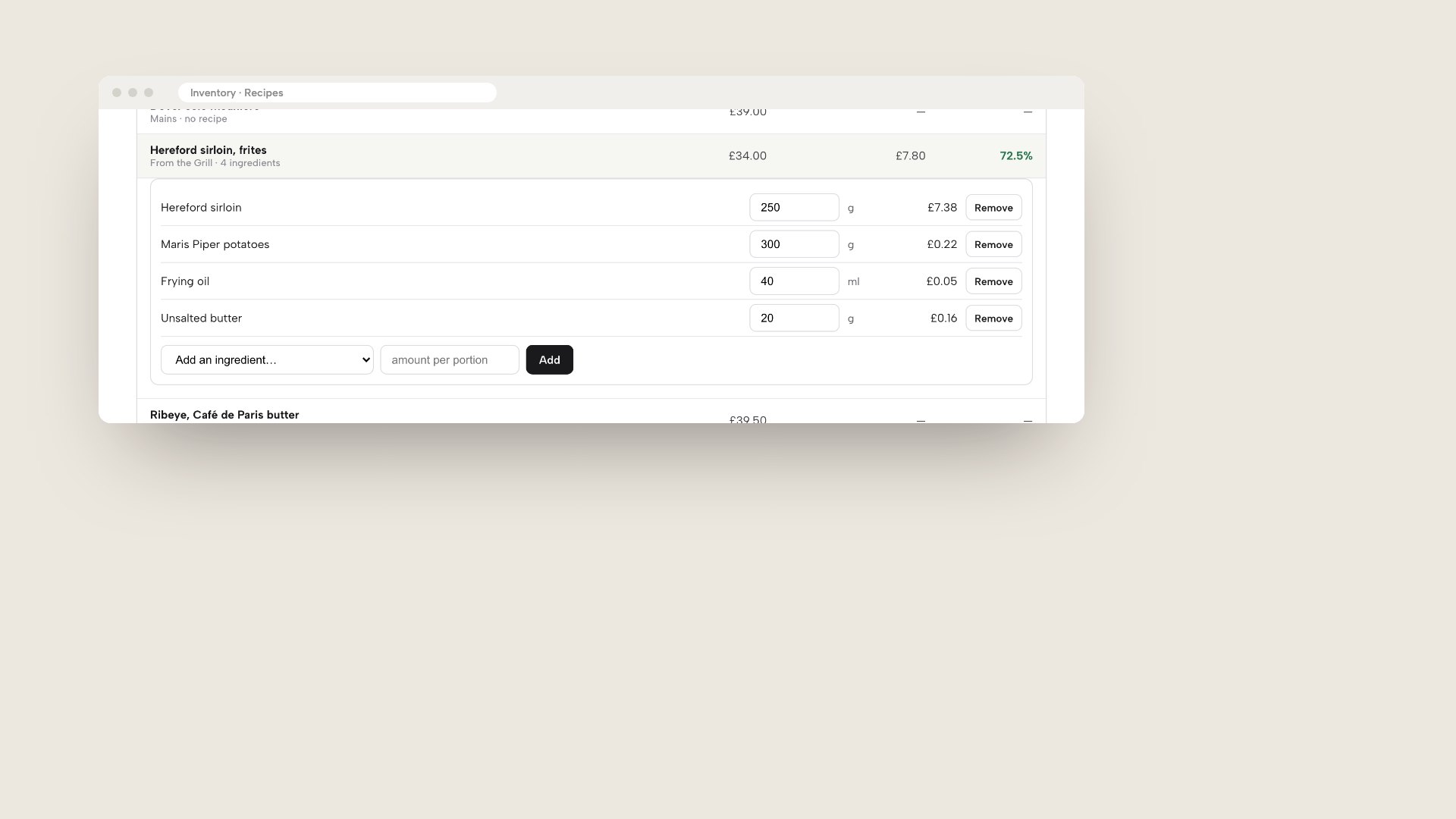 A browser window showing the TableSpark recipe editor for Hereford sirloin with frites: sirloin, potatoes, frying oil and butter with the quantity and cost of each line, the dish price and the gross profit percentage.