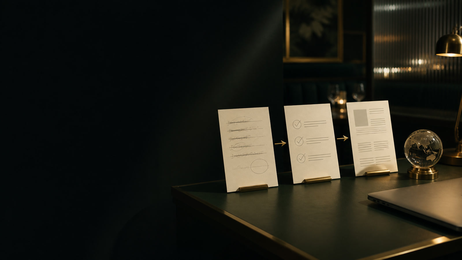 Editorial publishing desk with article proofs and a verification lens.