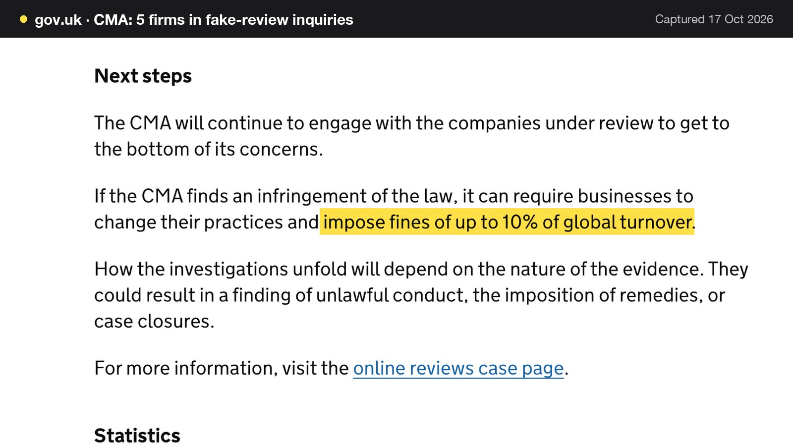 Screenshot of CMA: 5 firms in fake-review inquiries on gov.uk, with the words "impose fines of up to 10% of global turnover" highlighted.
