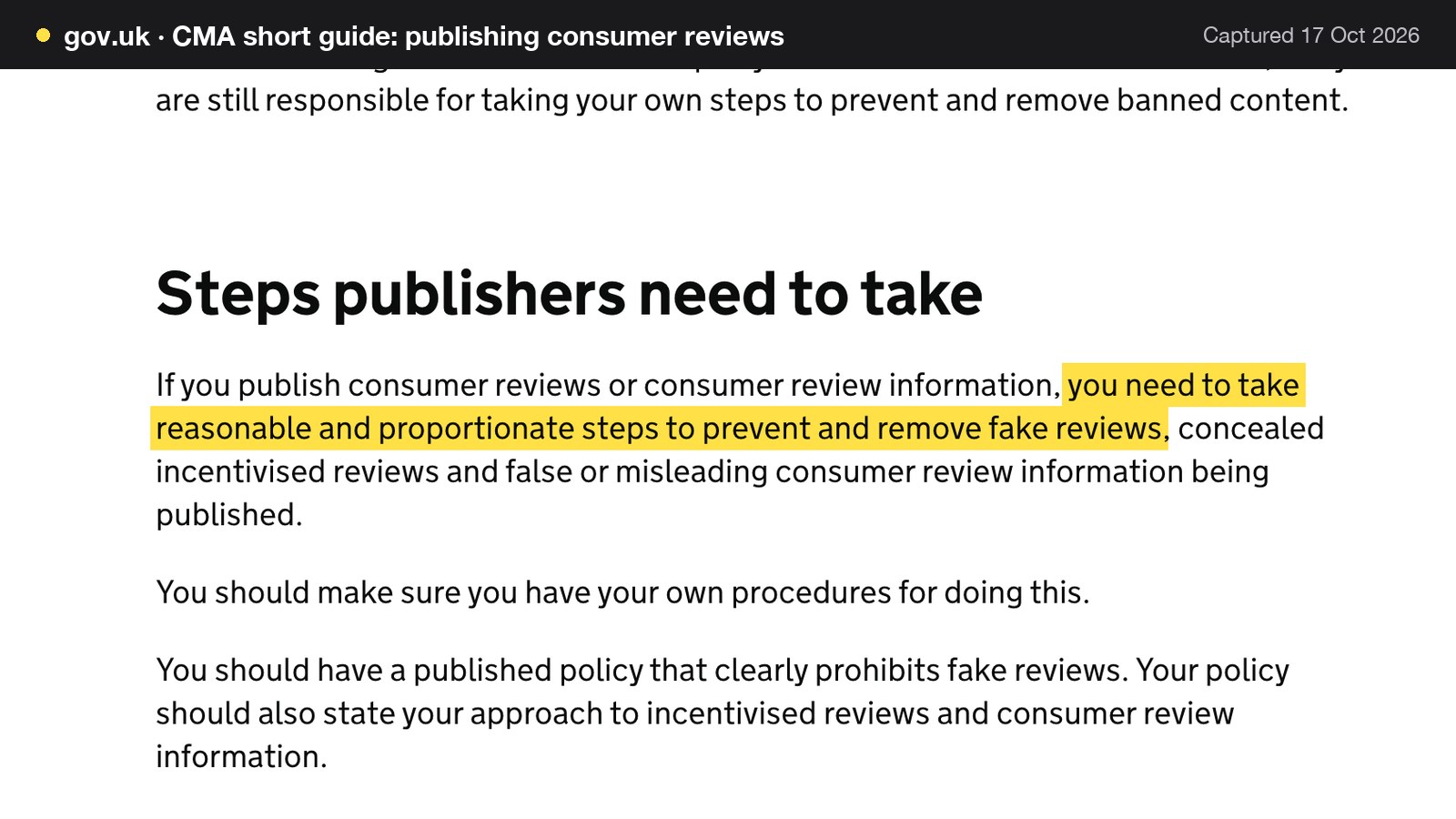Screenshot of CMA short guide: publishing consumer reviews on gov.uk, with the words "you need to take reasonable and proportionate steps to prevent and remove fake reviews" highlighted.