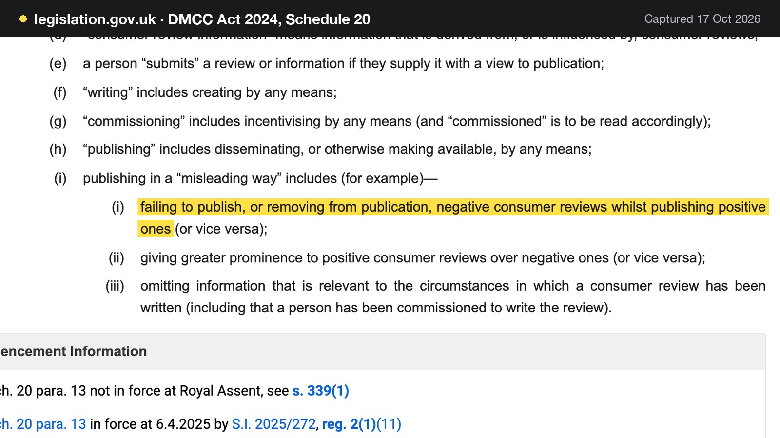 Screenshot of DMCC Act 2024, Schedule 20 on legislation.gov.uk, with the words "failing to publish, or removing from publication, negative consumer reviews whilst publishing positive ones" highlighted.