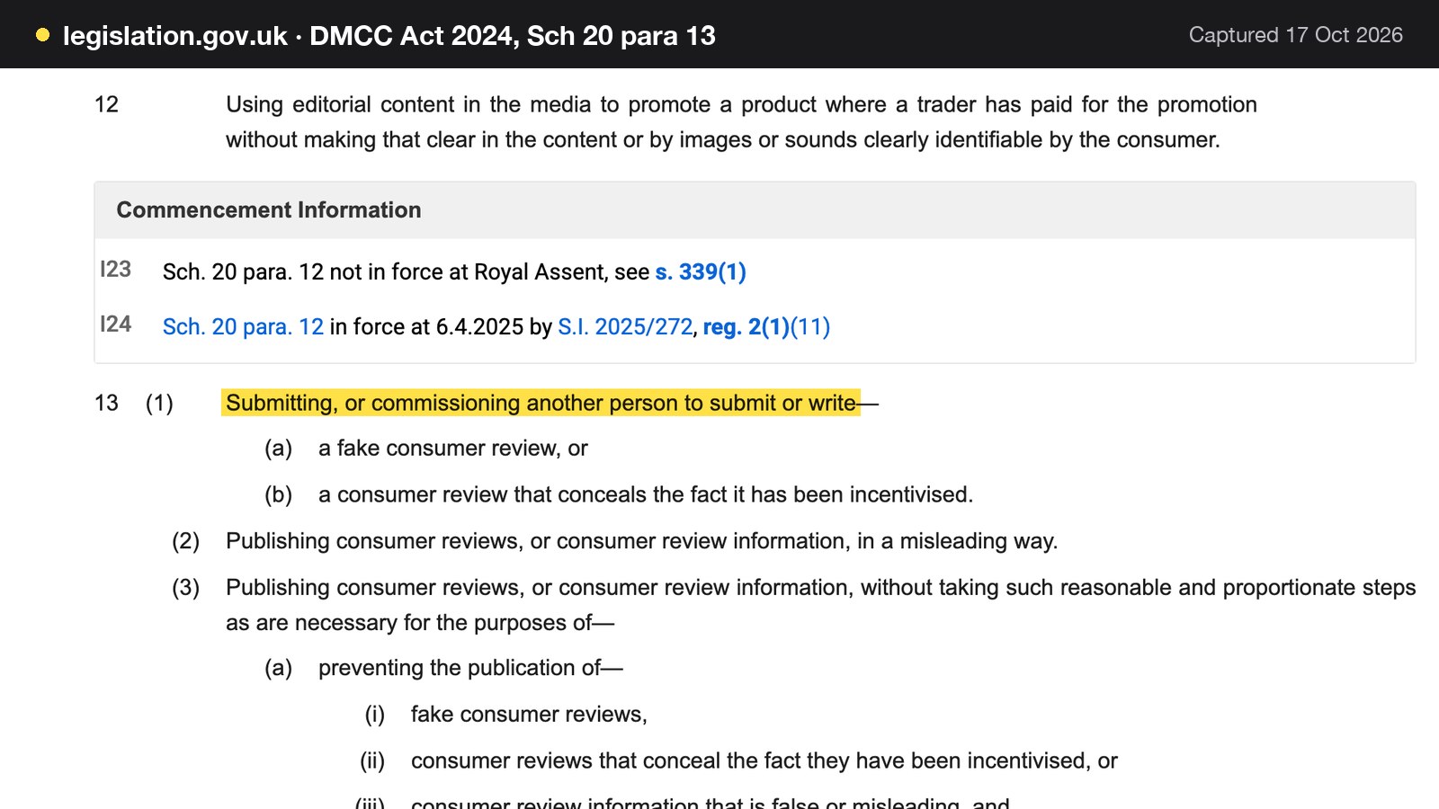 Screenshot of DMCC Act 2024, Sch 20 para 13 on legislation.gov.uk, with the words "Submitting, or commissioning another person to submit or write" highlighted.
