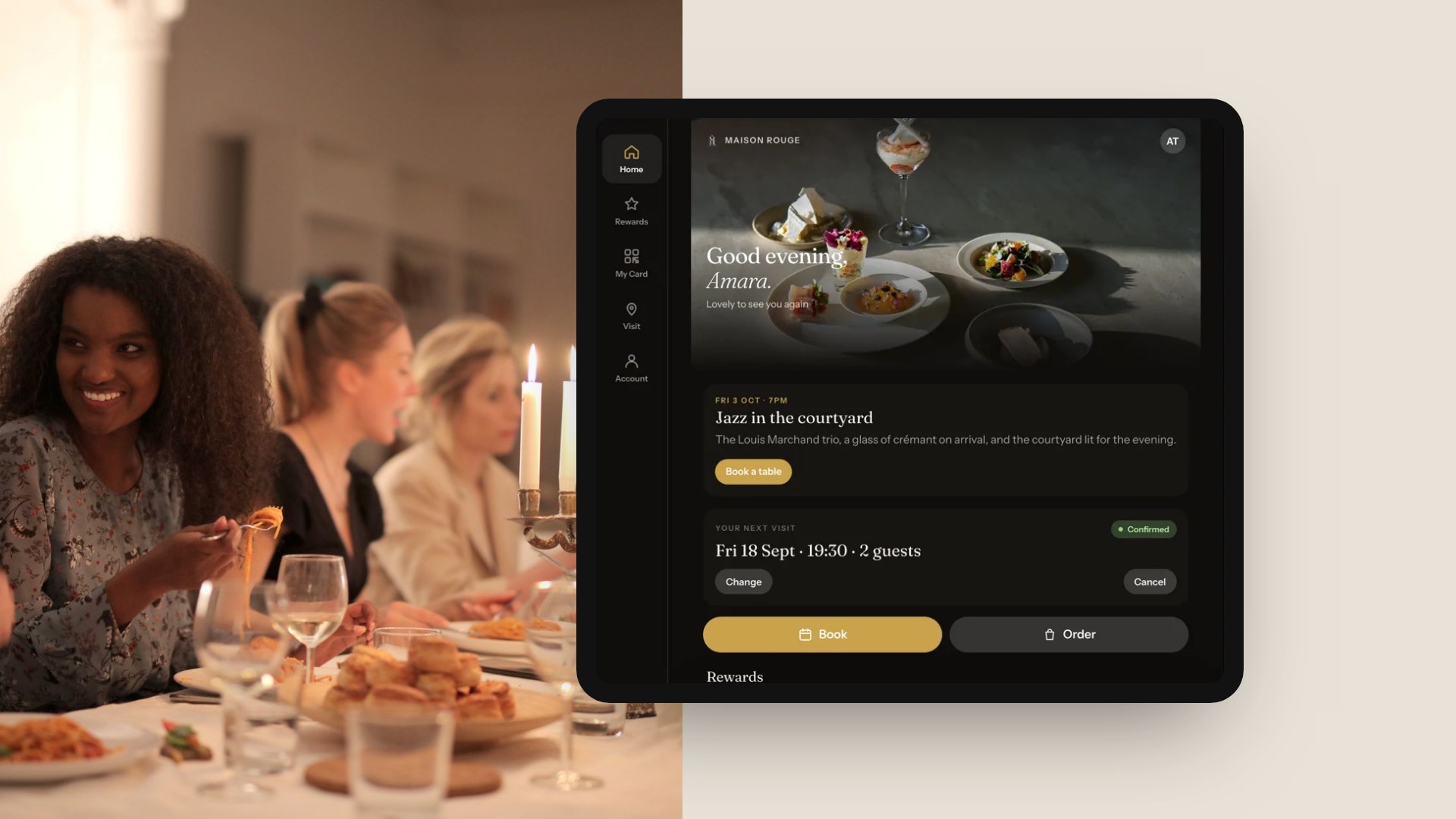 An iPad showing the TableSpark guests' app for the Maison Rouge showroom restaurant, with a greeting to an example guest, a jazz evening event, the guest's next visit and Book and Order buttons, beside a photograph of friends at a candle-lit dinner.