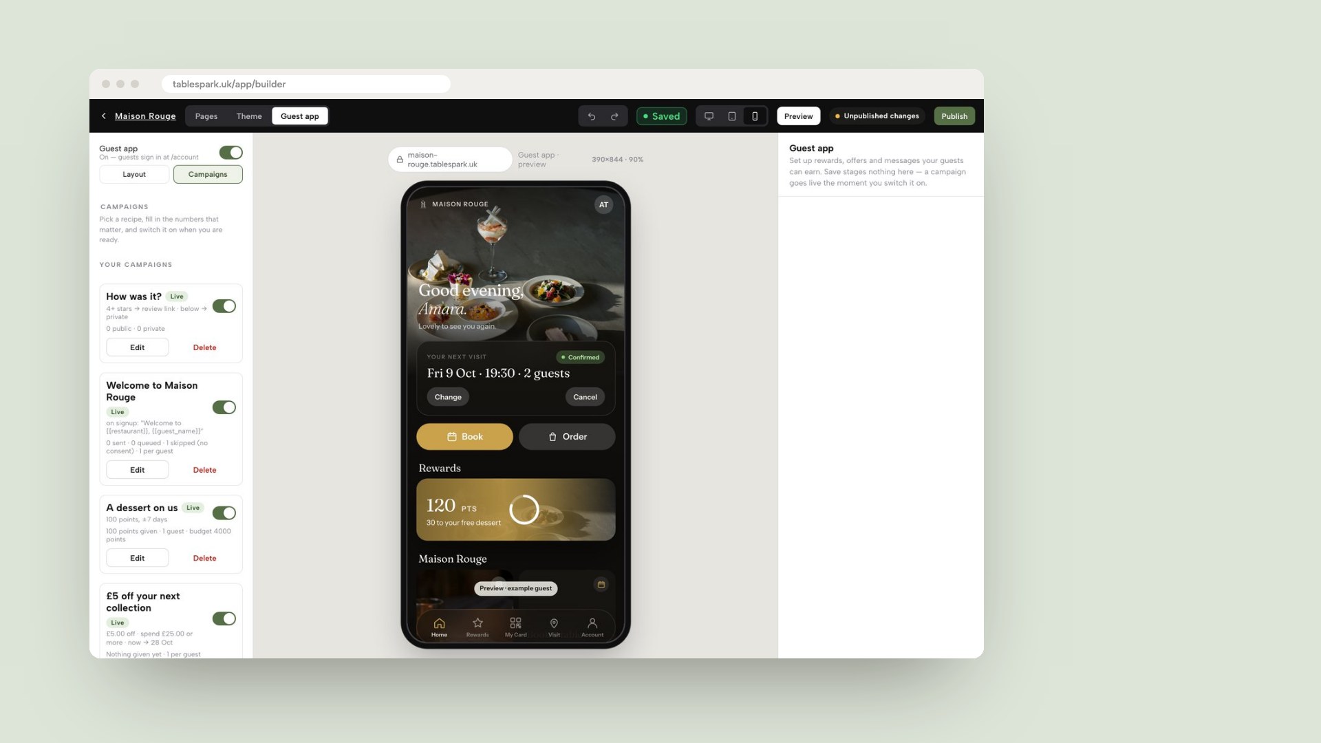 The TableSpark Builder on its Guest app tab, Campaigns segment, listing live campaigns with their switches beside a phone preview of the guests' app.
