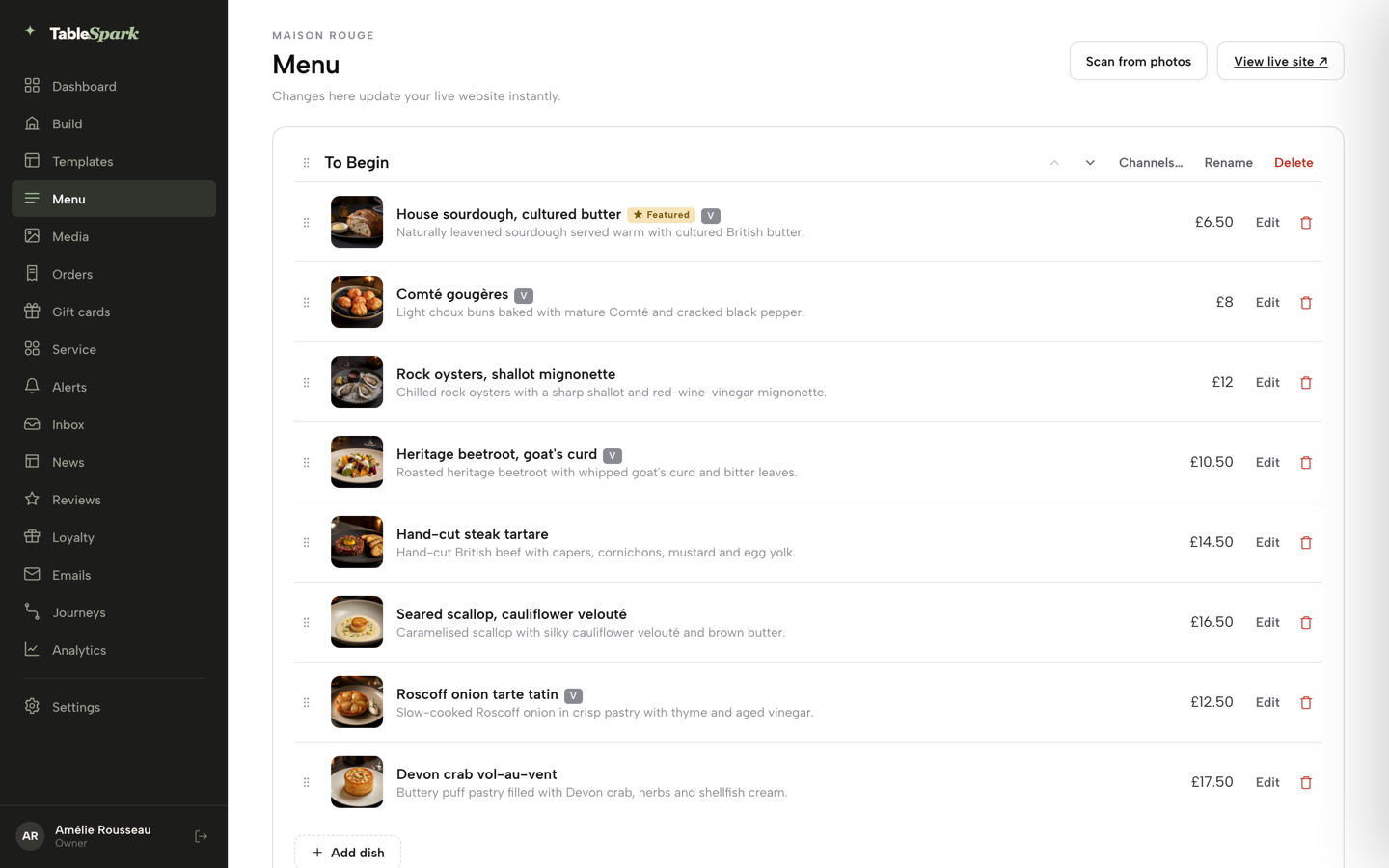 The Menu page again, drawer closed, with the + Add dish button under the section's dish list