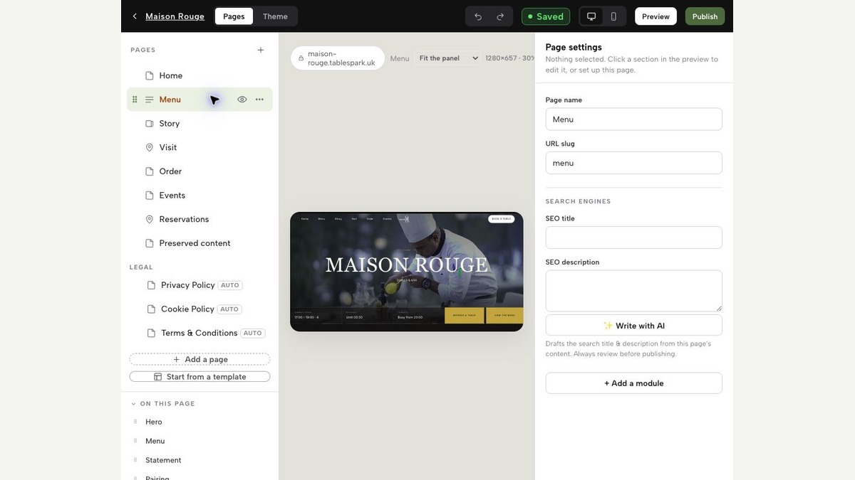 Authentic TableSpark Builder with the Menu page selected and URL slug, SEO title, SEO description, Preview and Publish controls visible.