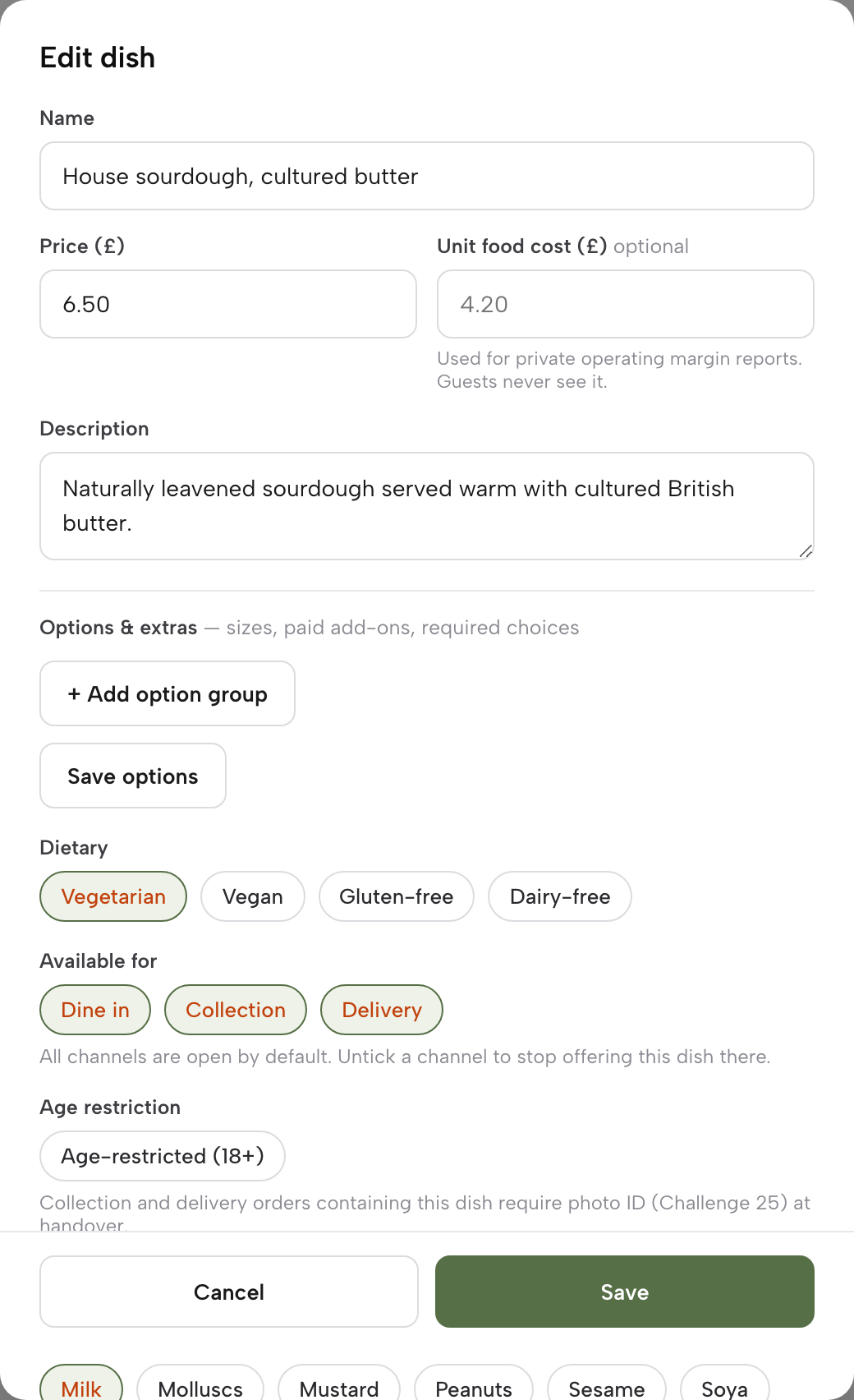 The dish editor modal showing Name, Price, Unit food cost and Description, above the start of Options and extras
