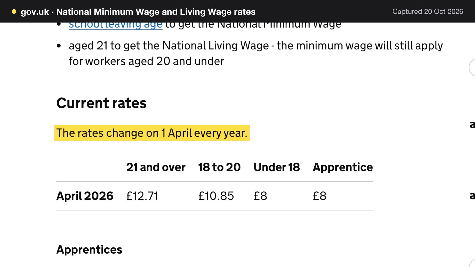 Screenshot of National Minimum Wage and Living Wage rates on gov.uk, with the words "The rates change on 1 April every year." highlighted.
