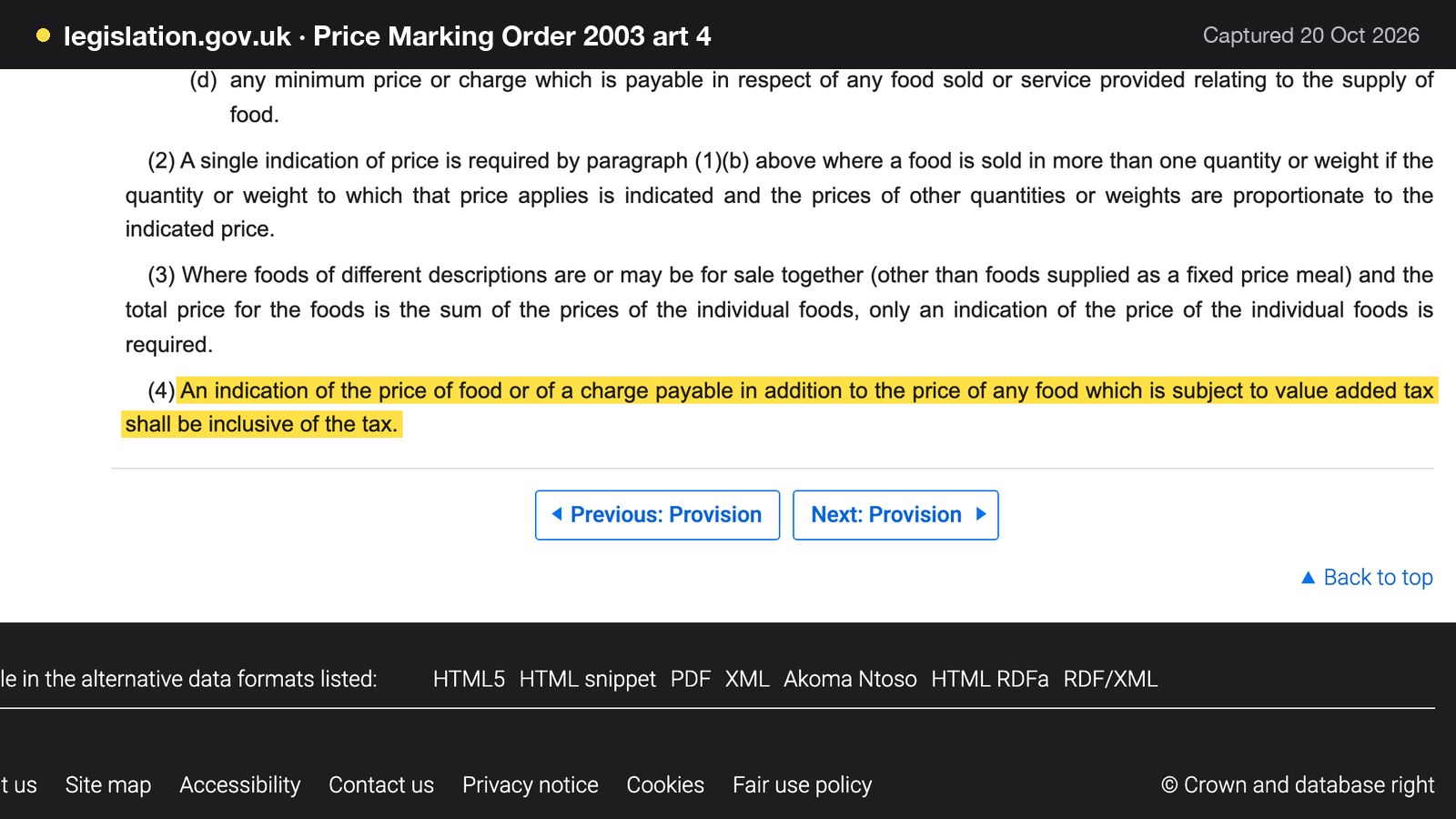 Screenshot of Price Marking Order 2003 art 4 on legislation.gov.uk, with the words "An indication of the price of food or of a charge payable in addition to the price of any food which is subject to value added tax shall be inclusive of the tax." highlighted.