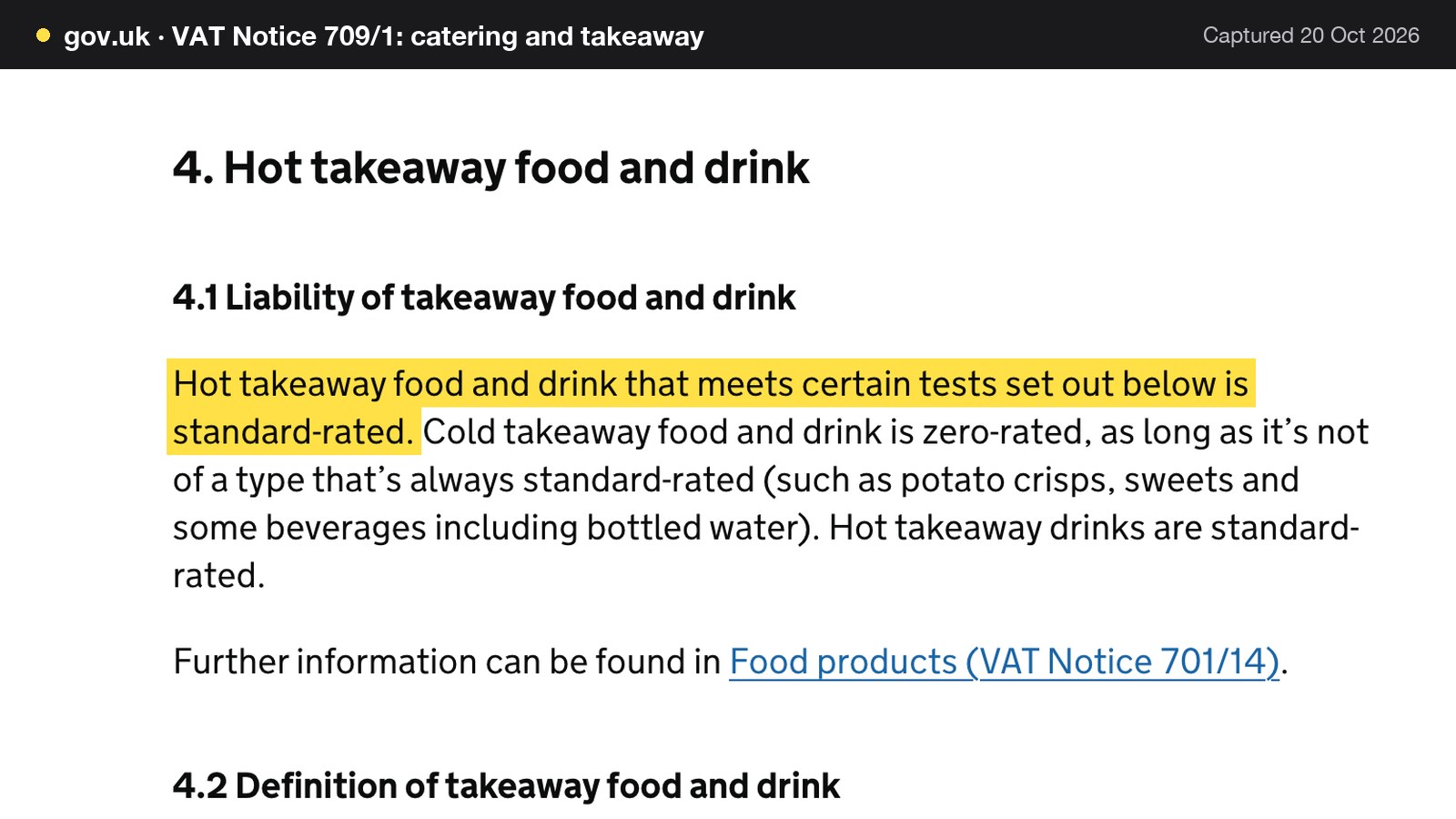 Screenshot of VAT Notice 709/1: catering and takeaway on gov.uk, with the words "Hot takeaway food and drink that meets certain tests set out below is standard-rated." highlighted.