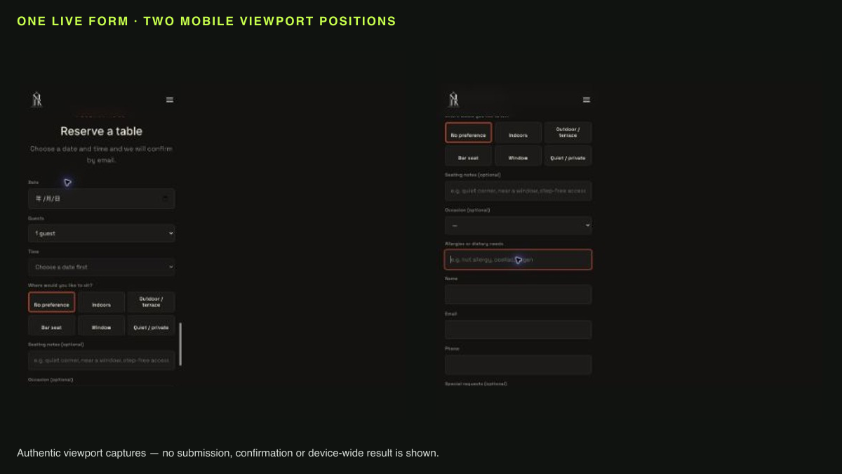 Two authentic mobile captures from one TableSpark restaurant booking form, covering date and seating fields plus allergy and contact fields.
