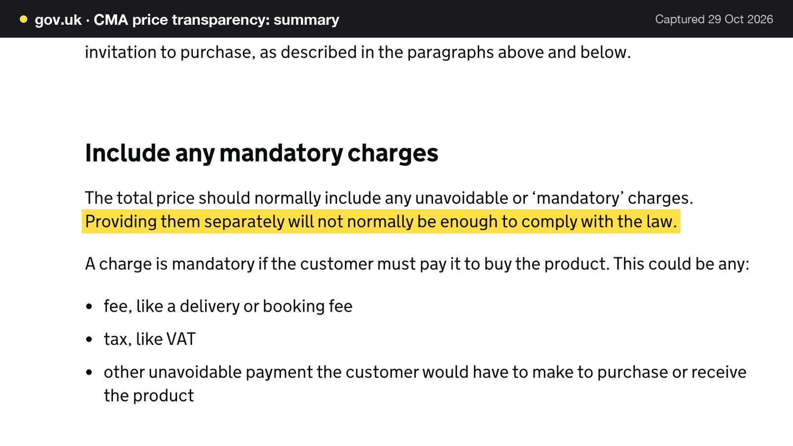 Screenshot of CMA price transparency: summary on gov.uk, with the words "Providing them separately will not normally be enough to comply with the law." highlighted.