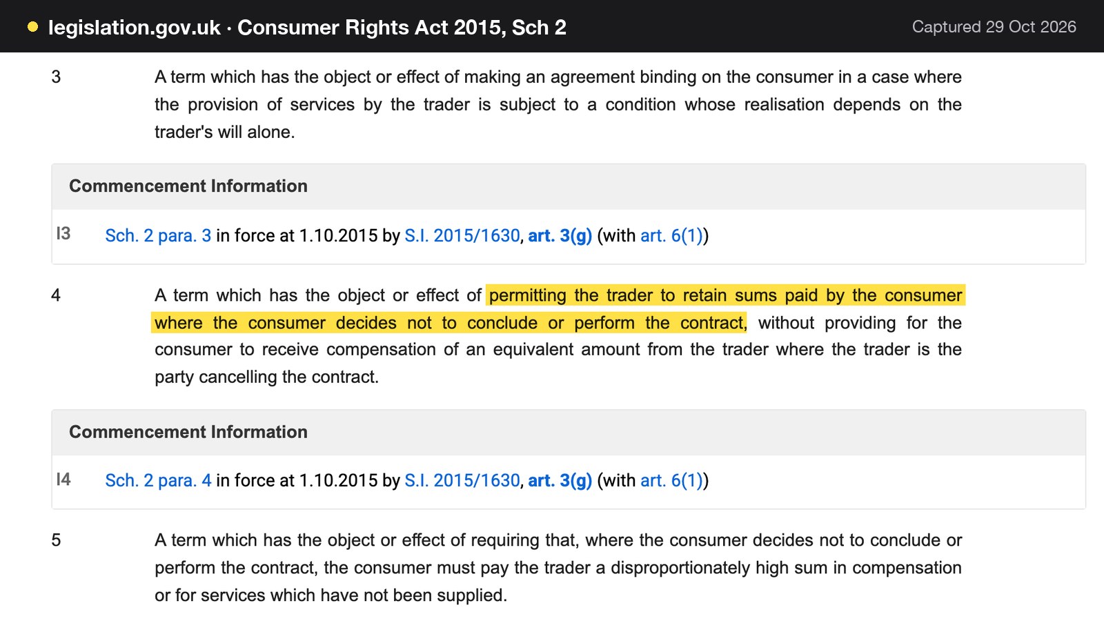 Screenshot of Consumer Rights Act 2015, Sch 2 on legislation.gov.uk, with the words "permitting the trader to retain sums paid by the consumer where the consumer decides not to conclude or perform the contract" highlighted.