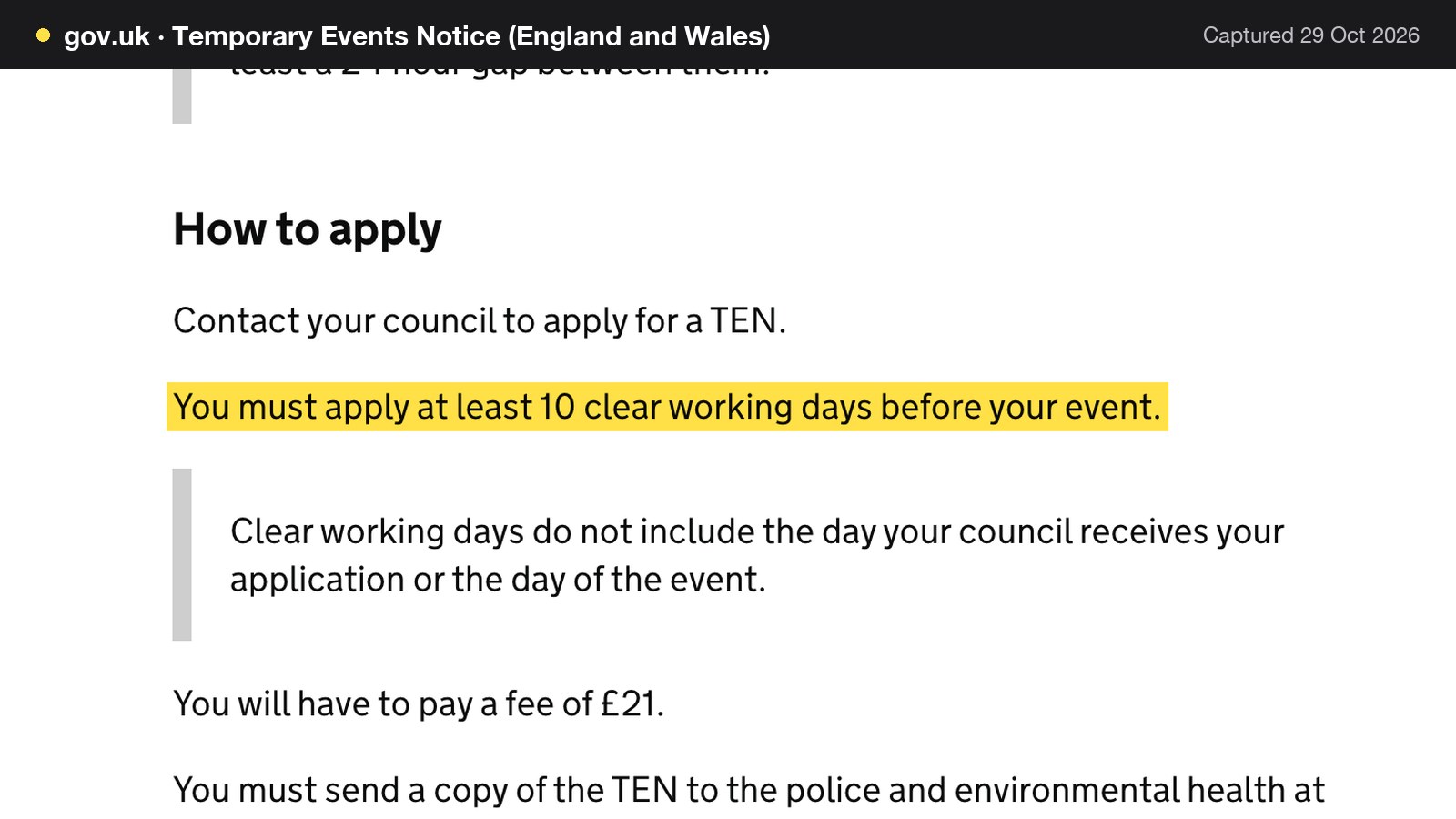 Screenshot of Temporary Events Notice (England and Wales) on gov.uk, with the words "You must apply at least 10 clear working days before your event." highlighted.