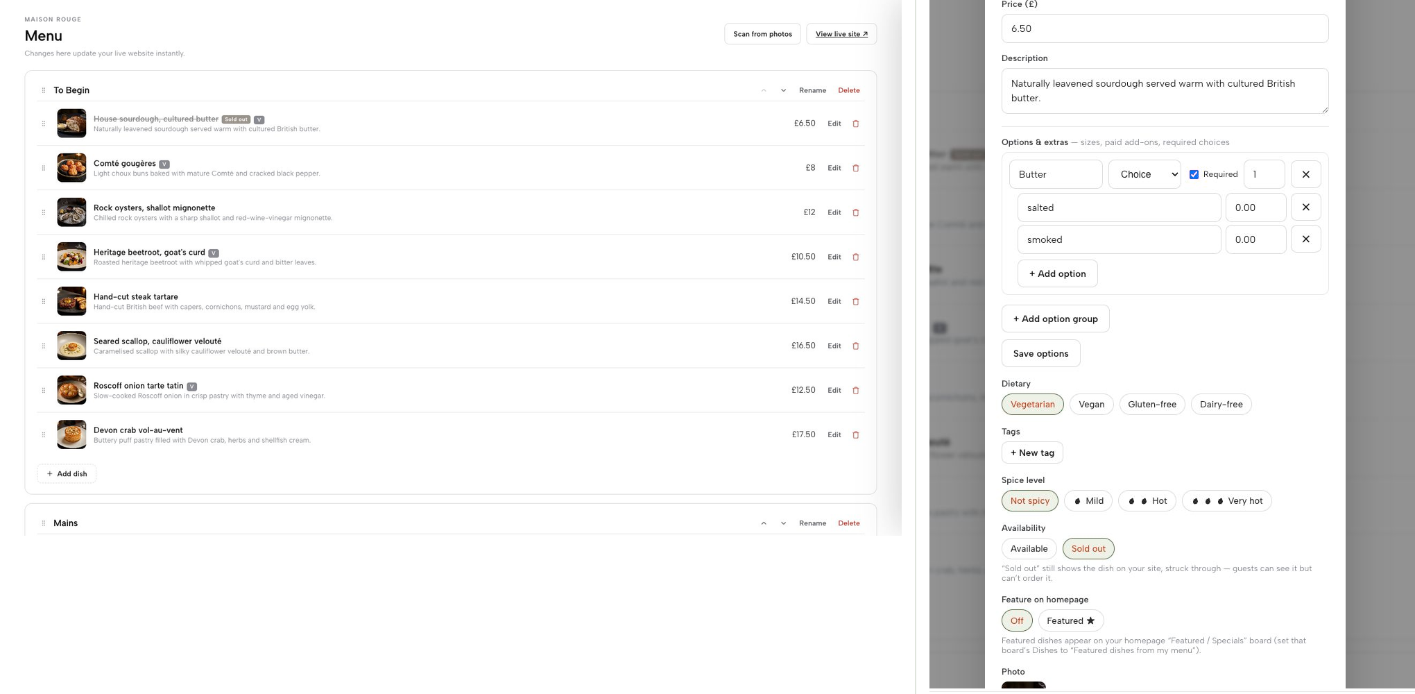 TableSpark's structured menu editor showing a menu section, dish names, prices and dietary tags.