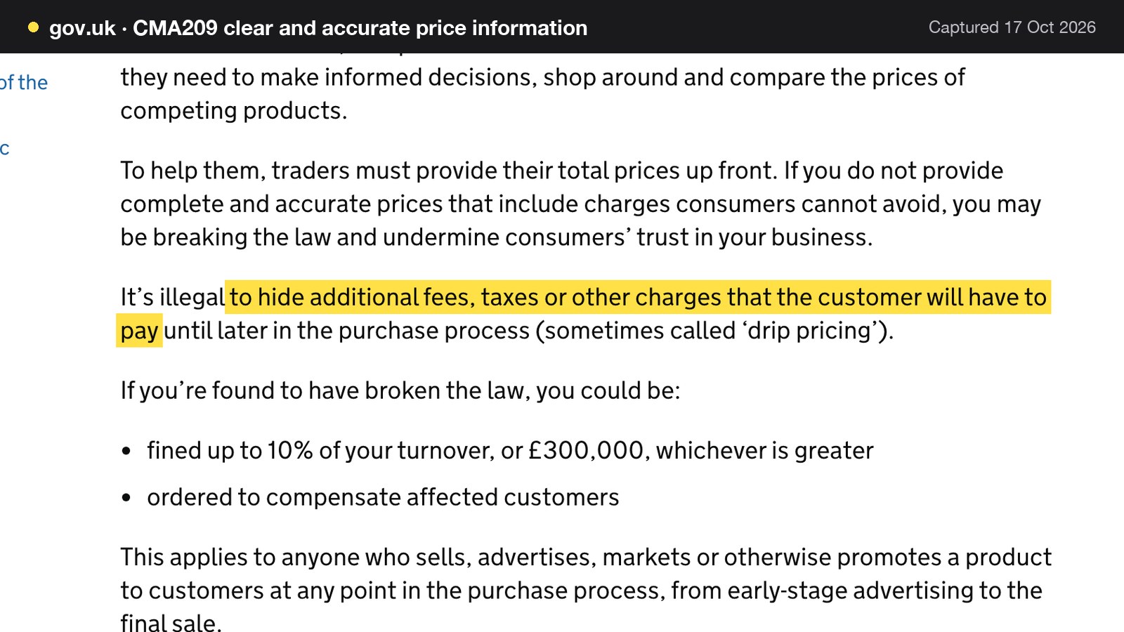 Screenshot of CMA209 clear and accurate price information on gov.uk, with the words "to hide additional fees, taxes or other charges that the customer will have to pay" highlighted.