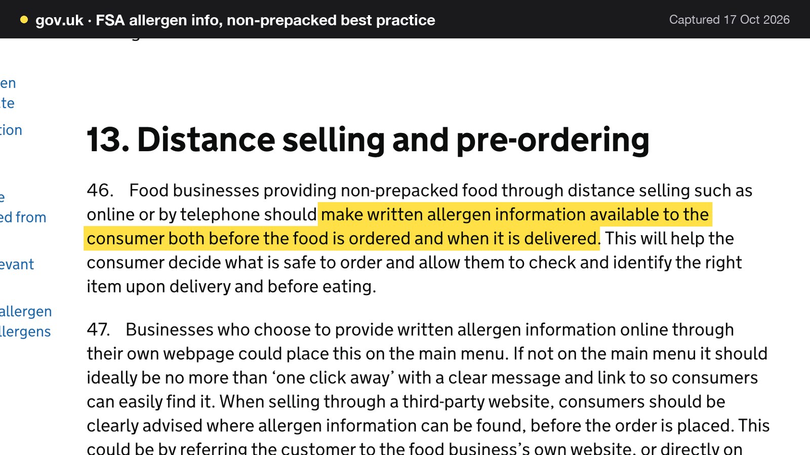 Screenshot of FSA allergen info, non-prepacked best practice on gov.uk, with the words "make written allergen information available to the consumer both before the food is ordered and when it is delivered" highlighted.