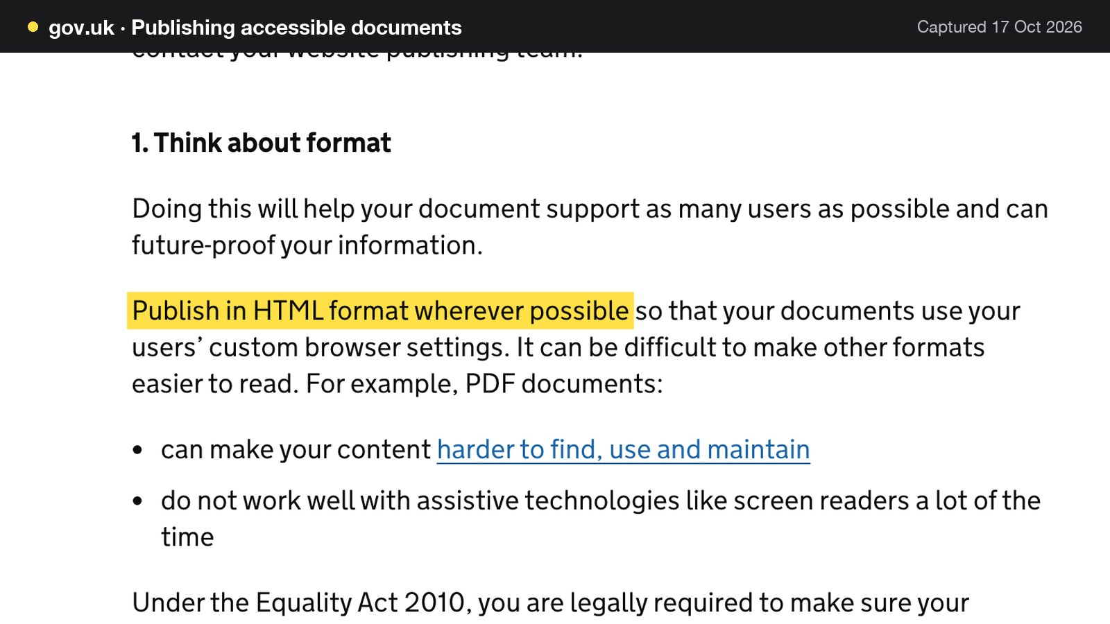 Screenshot of Publishing accessible documents on gov.uk, with the words "Publish in HTML format wherever possible" highlighted.