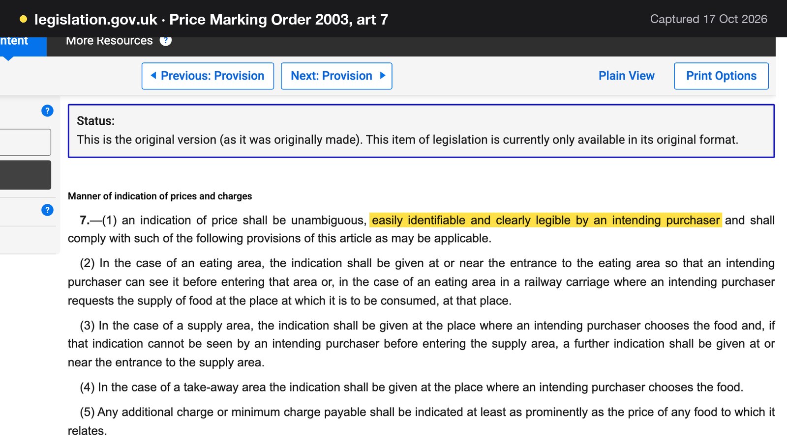 Screenshot of Price Marking Order 2003, art 7 on legislation.gov.uk, with the words "easily identifiable and clearly legible by an intending purchaser" highlighted.