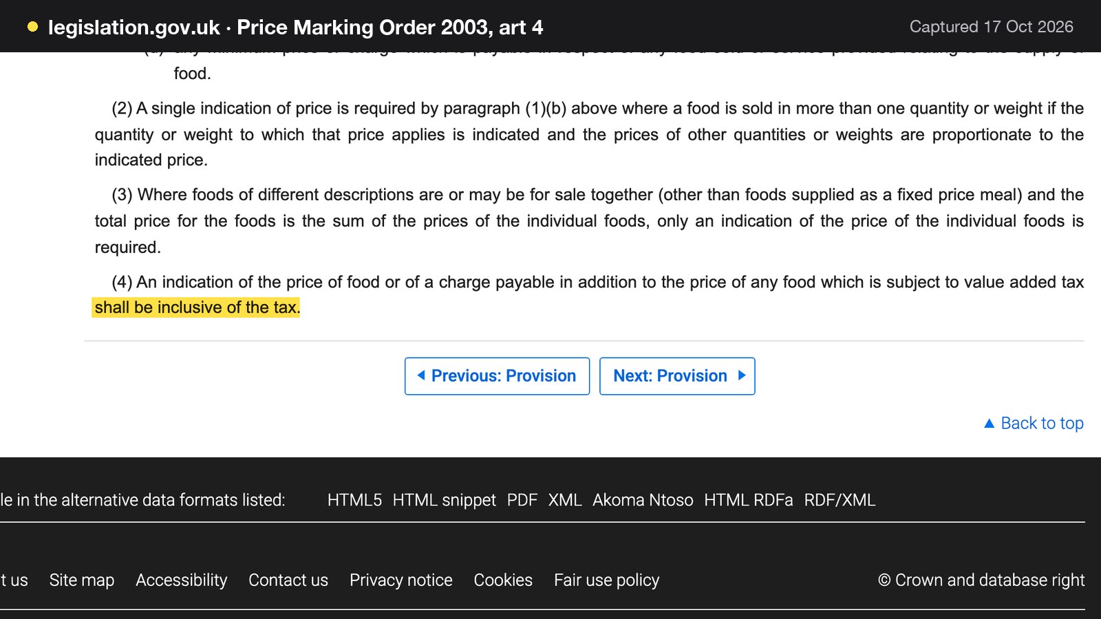 Screenshot of Price Marking Order 2003, art 4 on legislation.gov.uk, with the words "shall be inclusive of the tax" highlighted.