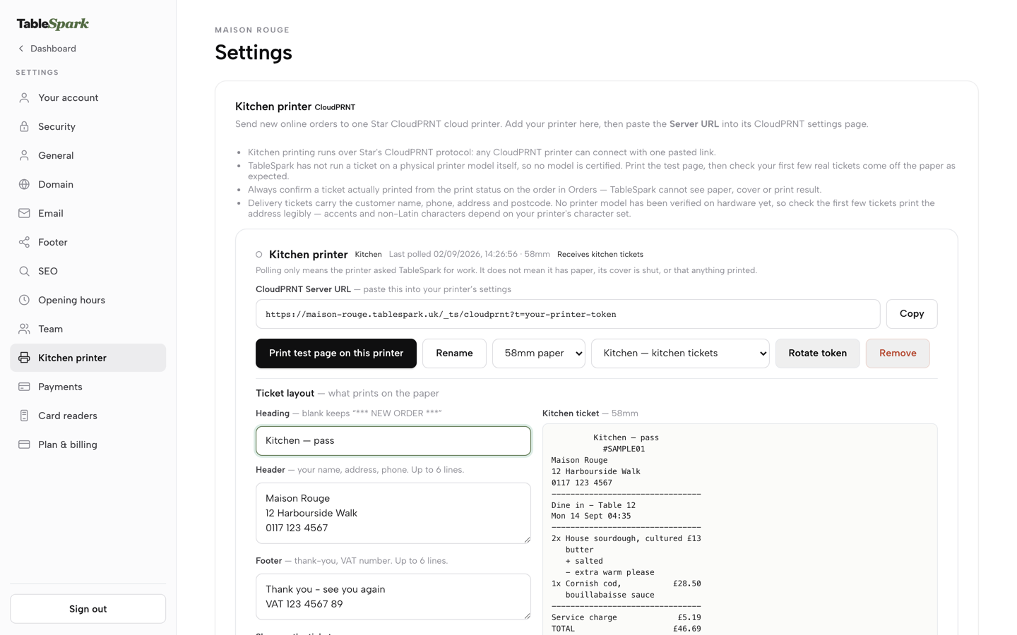 The ticket layout editor with Heading filled in as Kitchen — pass, and the kitchen ticket preview updated to match