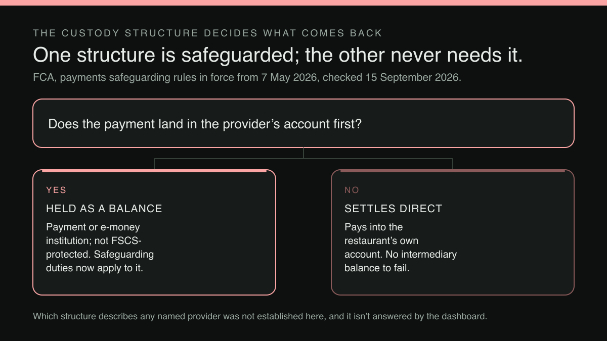 A decision diagram forking on one question — whether a payment lands in the provider's account first — into a held-as-a-balance outcome and a settles-direct outcome.