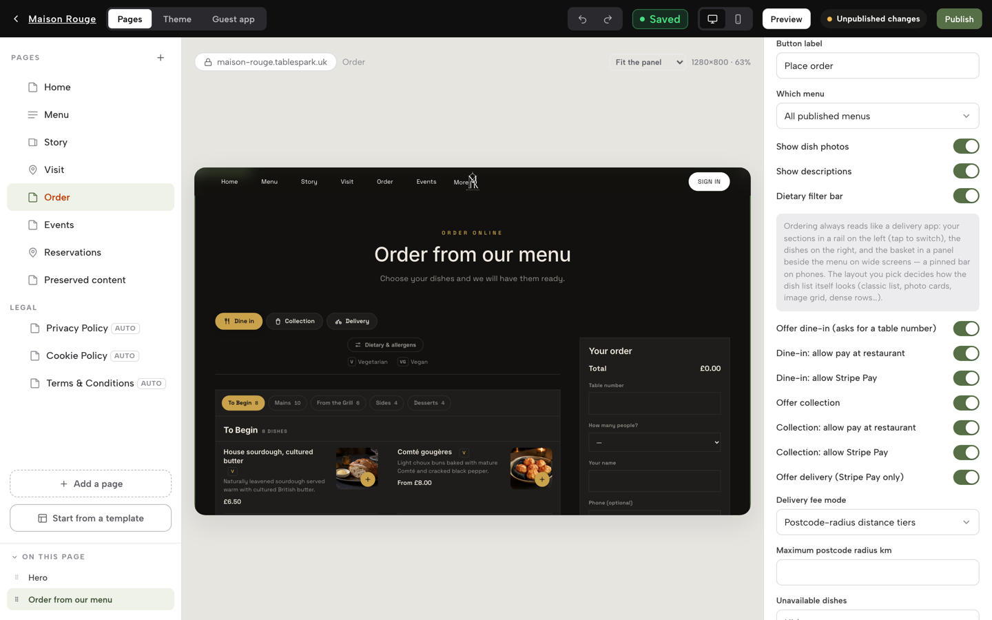 Practice screen: the Order from our menu block's inspector, with the Offer dine-in toggle switched on