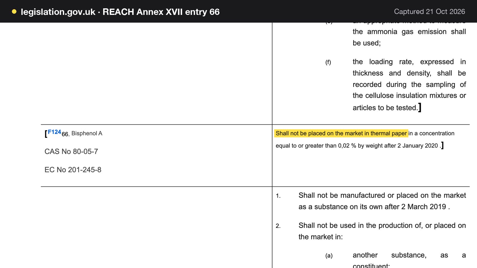 Screenshot of REACH Annex XVII entry 66 on legislation.gov.uk, with the words "Shall not be placed on the market in thermal paper" highlighted.