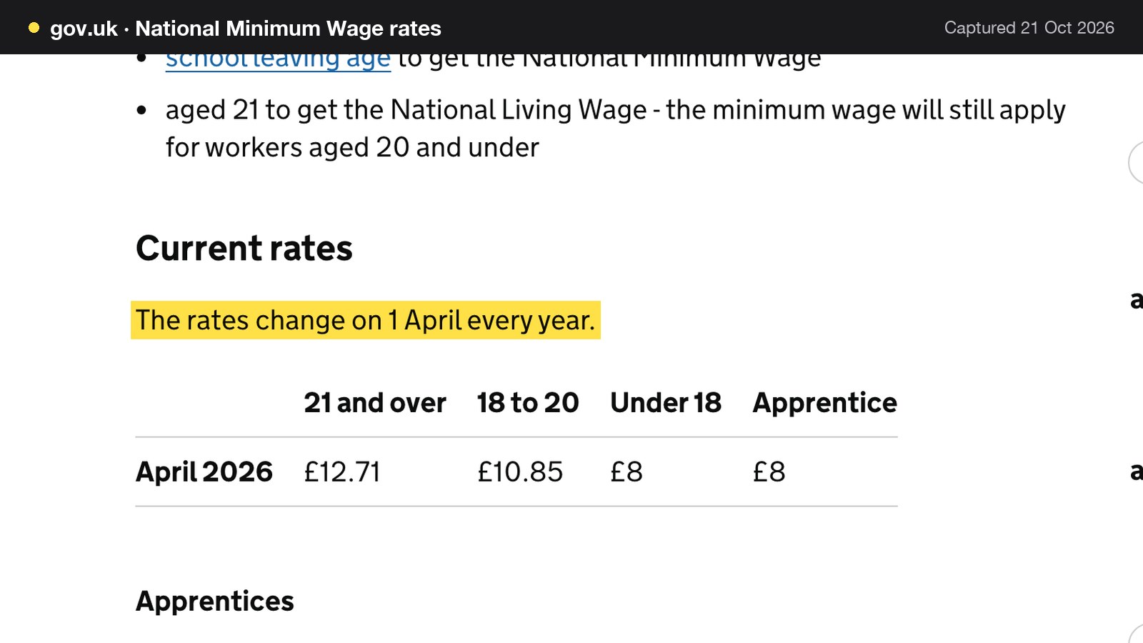 Screenshot of National Minimum Wage rates on gov.uk, with the words "The rates change on 1 April every year." highlighted.